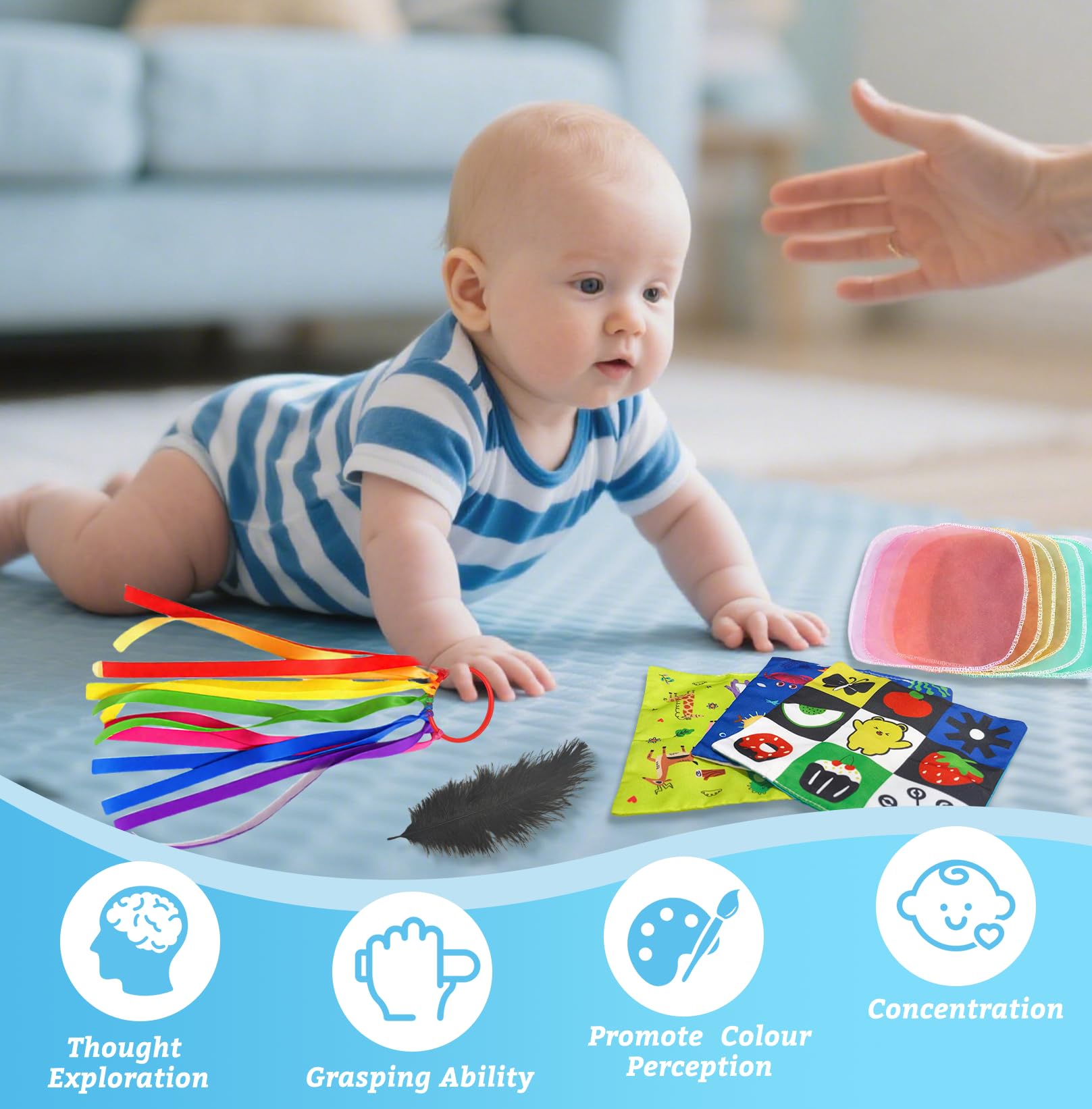 19Pcs Sensory Toys for Babies, Baby Sensory Cards, Sensory Foil Blanket, Feather, Crinkle Toys, Baby Sensory Scarf, Teething Gum, Good Gift - Image 4