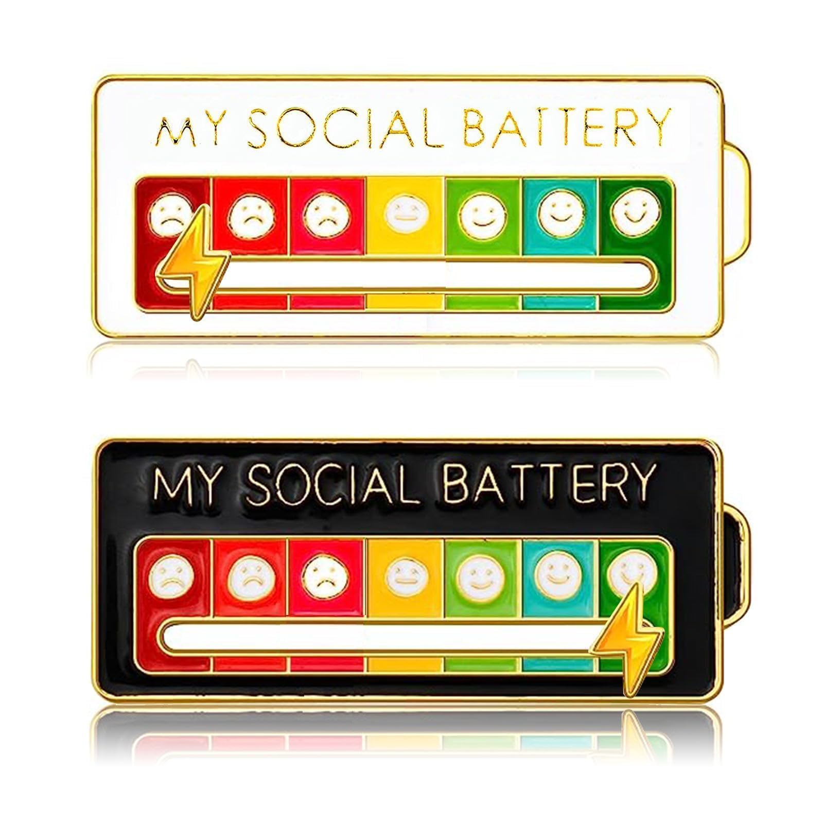 coytearSocial Mood Pin Battery Badge, 2PCS Interactive Mood Conversion Adjustable Slider Brooch Funny for 7 Days, Women Men Anxiety Badge Expressing Pins Gift for Introverts for Bags Clothes (Black)