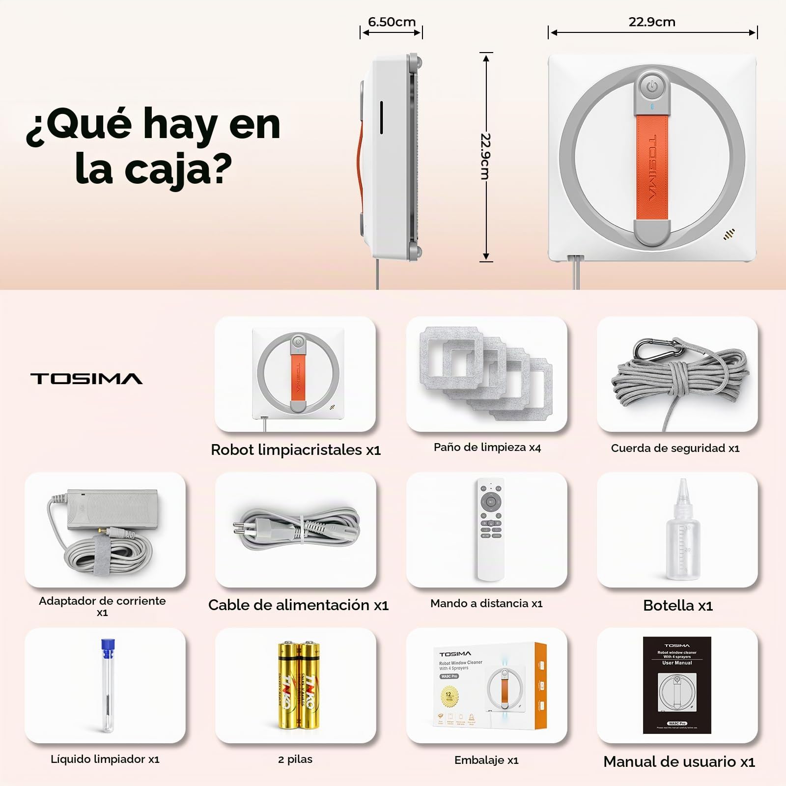 Tosima WA9C Pro Robot Limpiacristales - 4 boquillas, 6 Modos Inteligentes, adherencia Extra Fuerte, y Control Remoto
