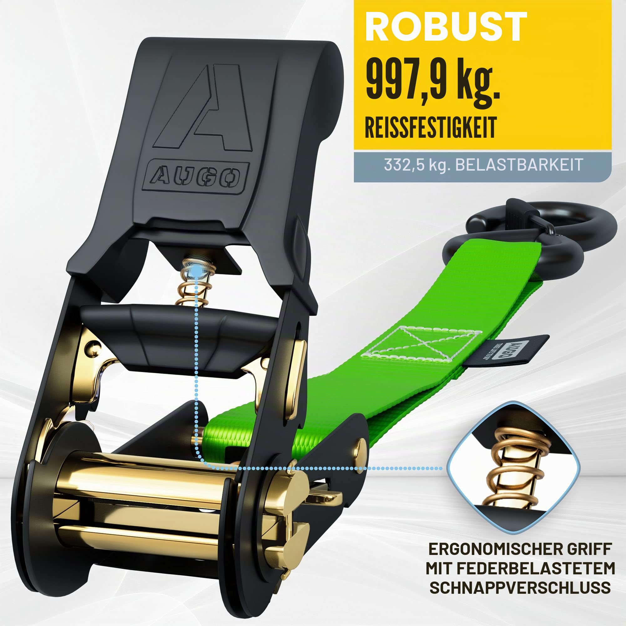 AUGO Spanngurte mit Ratsche – 4 Stück – 4,5 m–1000 kg Tragkraft – Lastengurte für bewegliche Geräte, Rasenausrüstung, Motorrad – Bonus 2 Spanngummis, 4 weiche Schlaufen Spanngurt, Aufbewahrungstasche