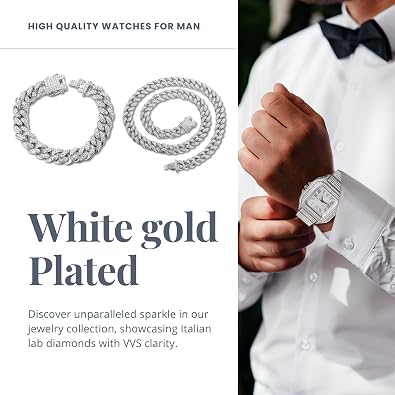 Diamond Watch for Men - 40mm Roman Numerals Square Dial - 18K Real Gold/Platinum/Rhodium Black/Rose Gold Plated 8.7 Strap - Japanese Quartz - Can Paired with Cuban Chain