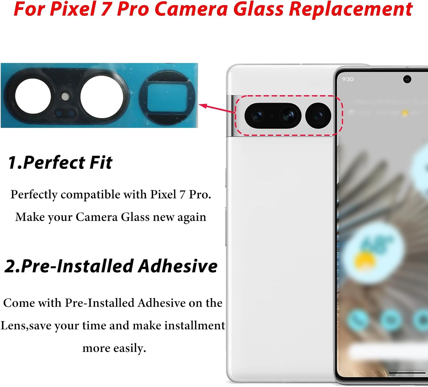 For Pixel 7 Pro Back Rear Camera Glass Lens Replacement Part Compatible with Google Pixel7Pro Camera Glass with Pre-Installed Adhesive and Repairing Toolkits