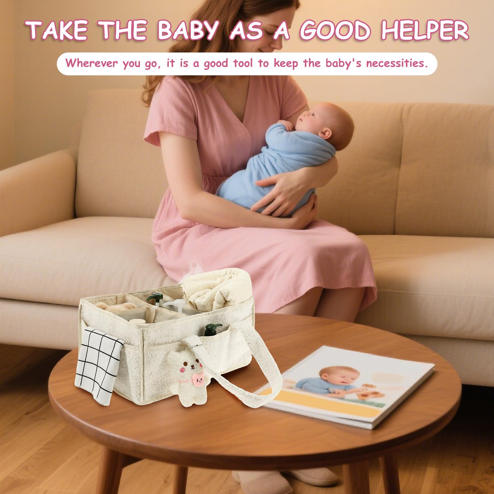 Organisateur de couches pour bébé, portable, avec poignée et pendentif, 38 x 27 x 18,5 cm, panier de rangement élégant pour nouveau-né, grand sac de porte-bébé, blanc