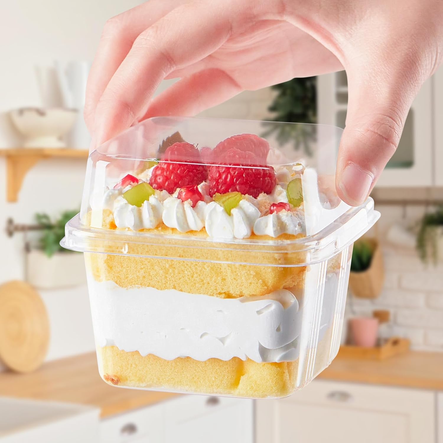 A hand holding a clear square dessert cup filled with a layered cake and berries, showing the secure lid.