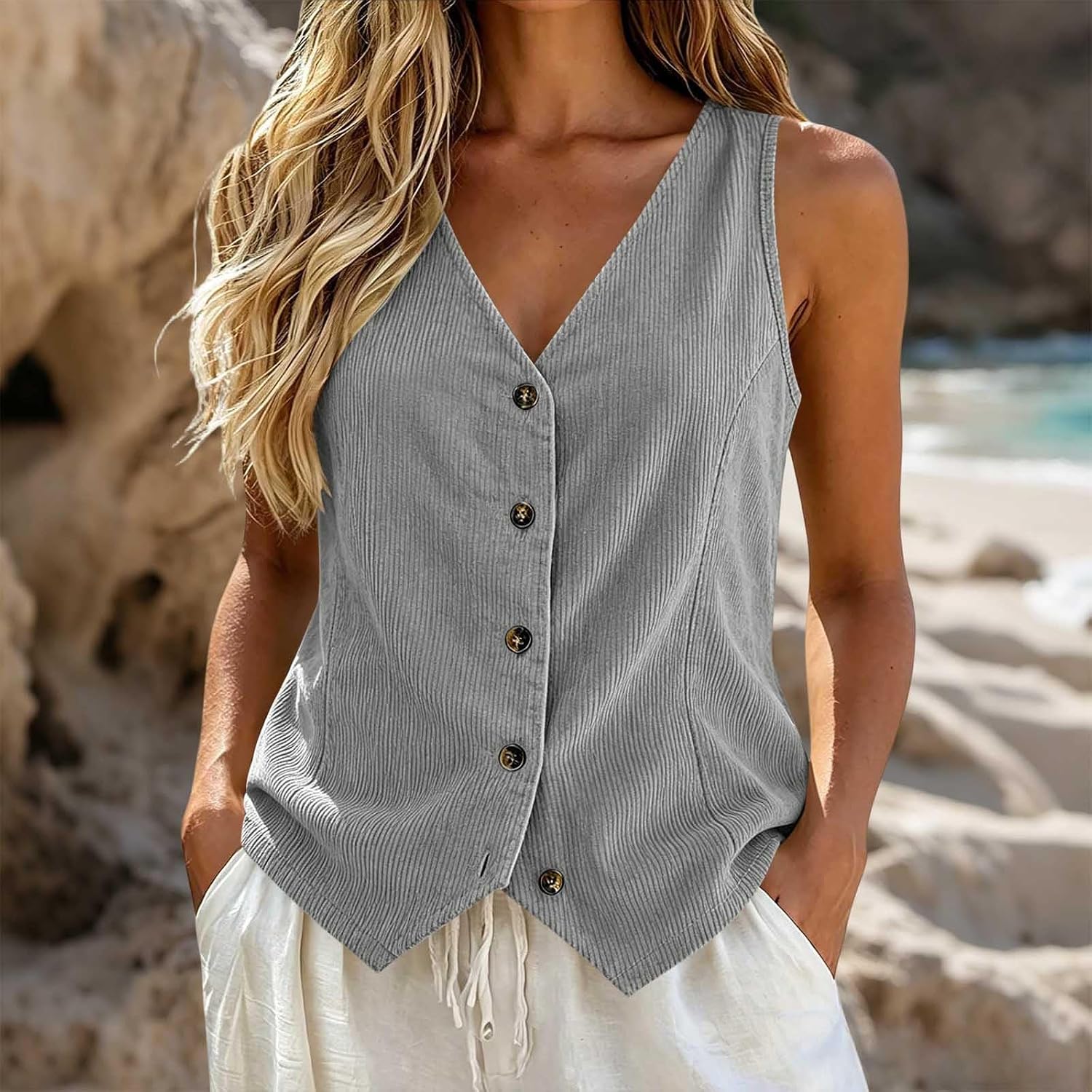 Womens Button Down Vest Top Business Casual Tank Vest | Womens Vest Top Business Casual Tank Vest Top Summer Fashion Cotton Linen Button Down Sleeveless Shirts