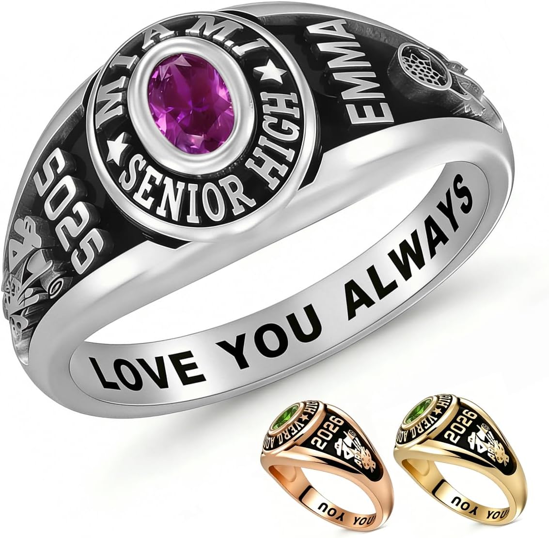 Sterling Silver Class Rings Personalized Custom Rings Class Rings for Women High School Birthstone Rings Graduation Rings Size 5-15 College Rings for Women