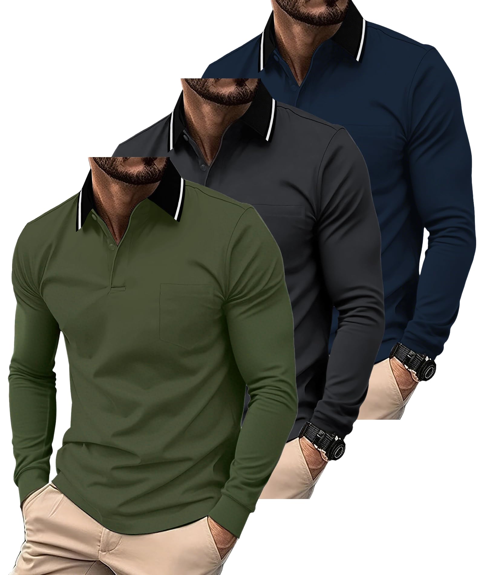 SwissWell 3er Pack Poloshirt Herren Langarm mit Brusttasche Golf Polo T-Shirt Atmungsaktives Leichtes Polohemd für Business Casual