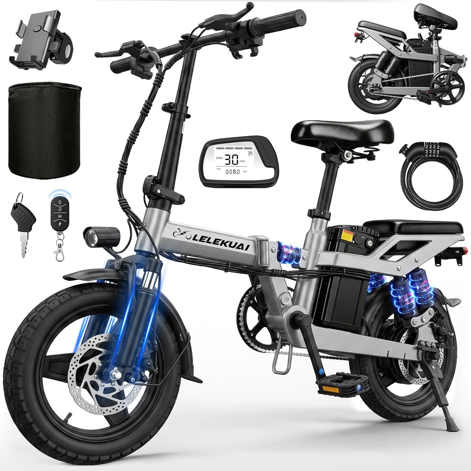 750W Folding Electric Bike for Adults, 30MPH Fast Ebike with 48V 10.4Ah Removable Battery, 14" All-Terrain Tires, Full Suspension & Dual Disc Brakes, Compact Commuter Electric Bicycle for Men Women