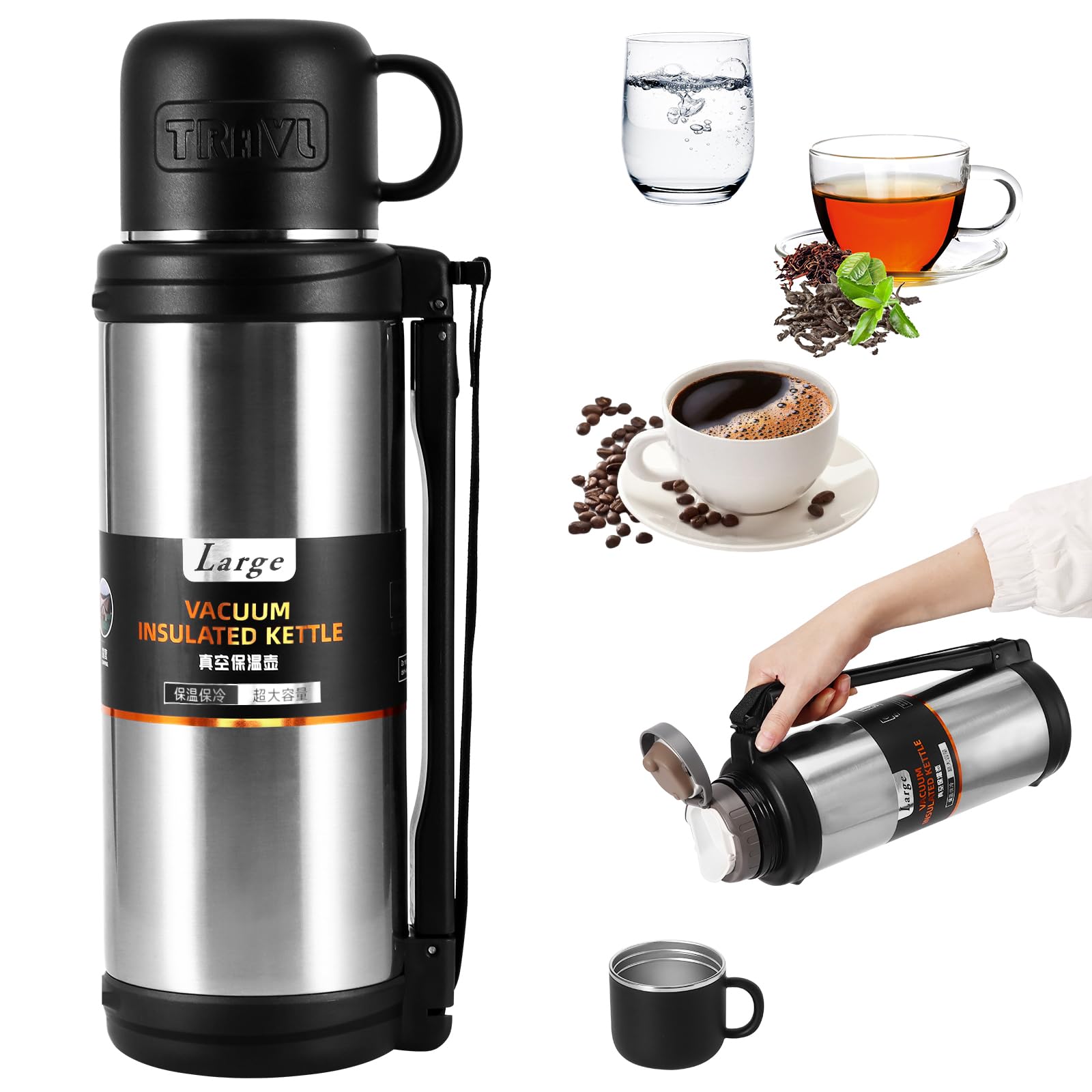ZONJIE Vacuum Insulated Bottle - Large Flask for Hot and Cold Drinks Insulated Stainless Steel Water Bottle, Thermal Flask with BPA Free Cup, Portable Travel Water Bottle with Carry Handle (1.8L)