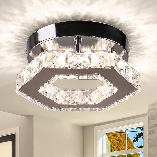Cainjiazh Mini Modern Crystal Chandelier LED Pendant Lamp 7 inch Stainless Steel Ceiling Light Fixture for Dining Room, Bedroom, Hallway
