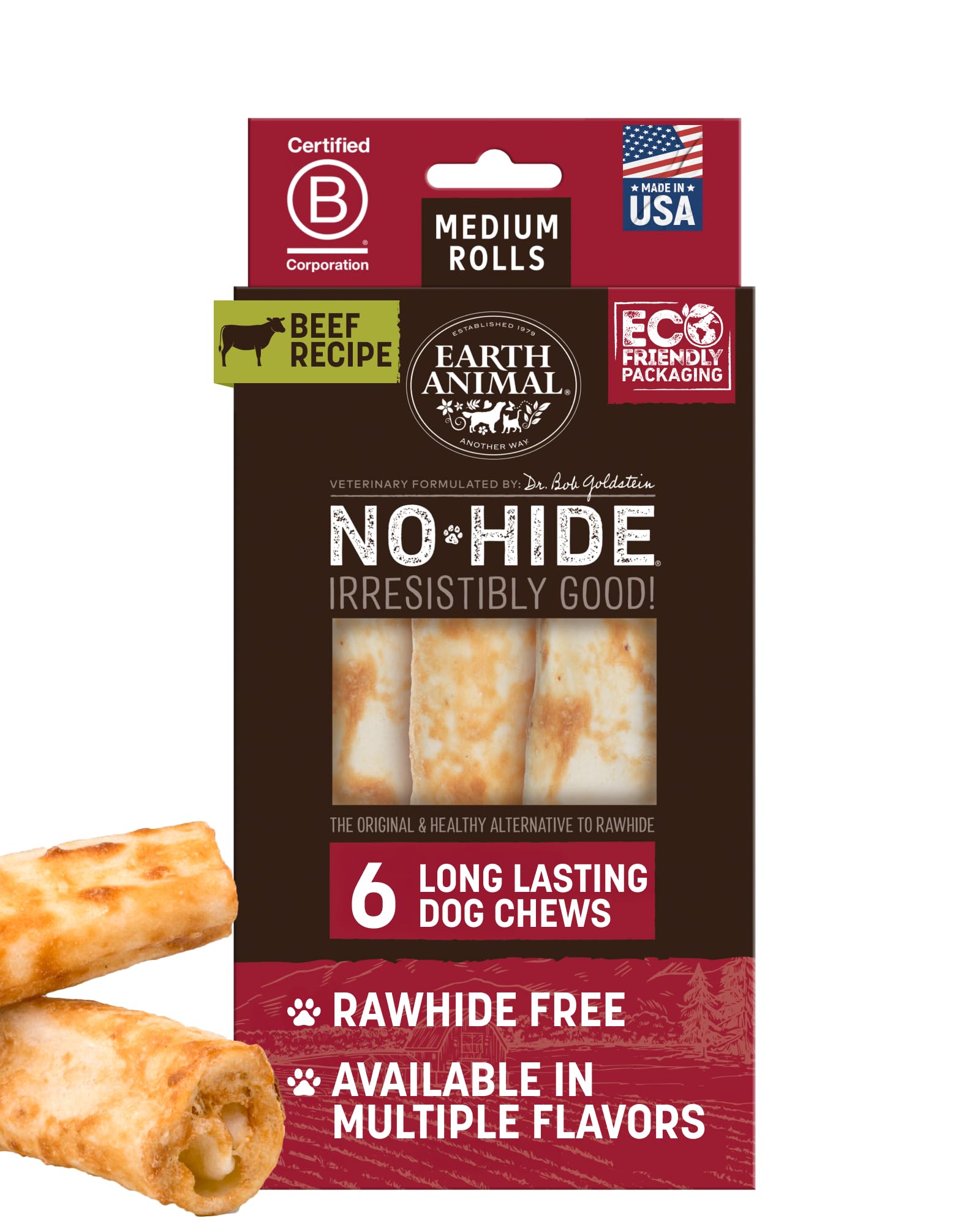 Earth Animal No Hide Chews - Long Lasting Rawhide Free Medium Dog Chews Rolls, Beef - 6 Count