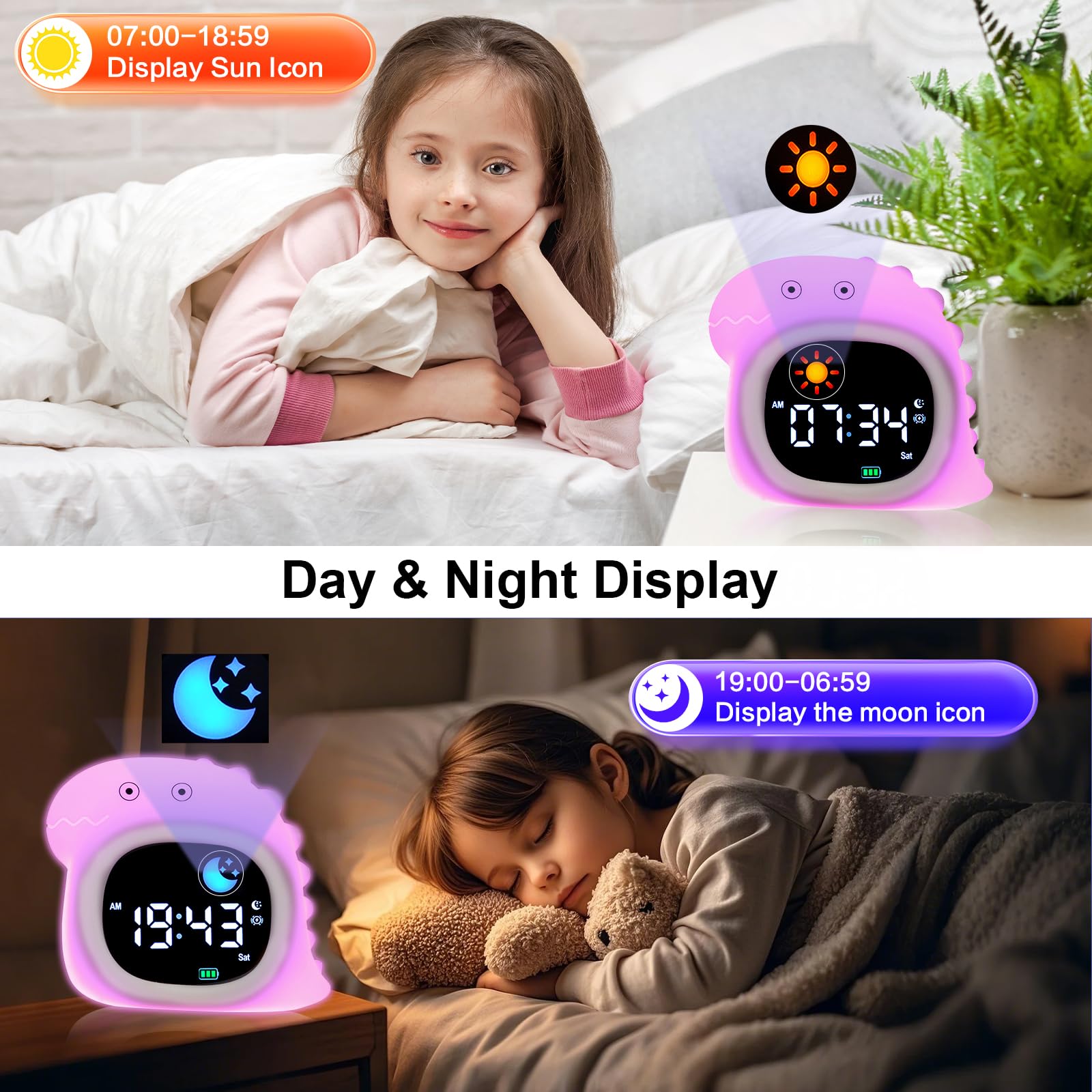 Sveglia per bambini, sveglia all'alba con luce notturna, display a LED con musica per dormire suoni rilassanti, funzione snooze, 12/24 ore, 6 luminosità regolabili per camera da letto