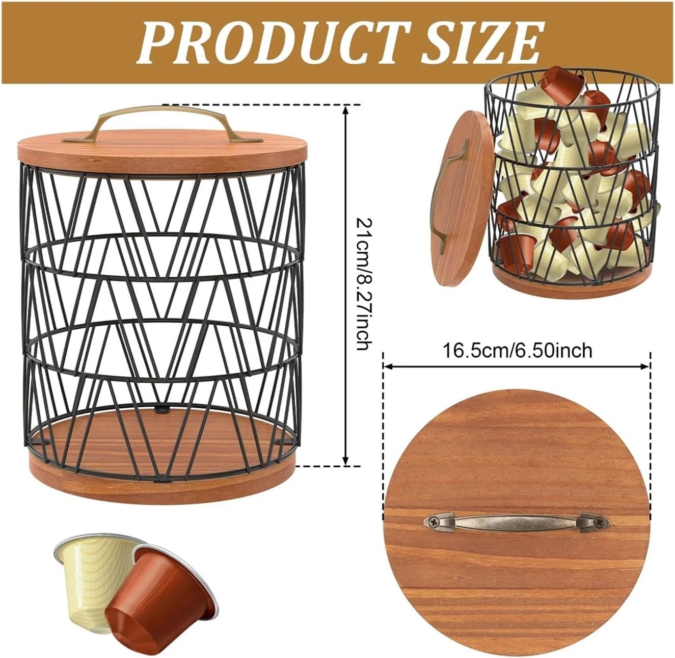 Coffee Capsule Holder Metal Coffee Pods Storage Basket With Wood Lid Base For Bar Counter Organizer Accessories(Gold)