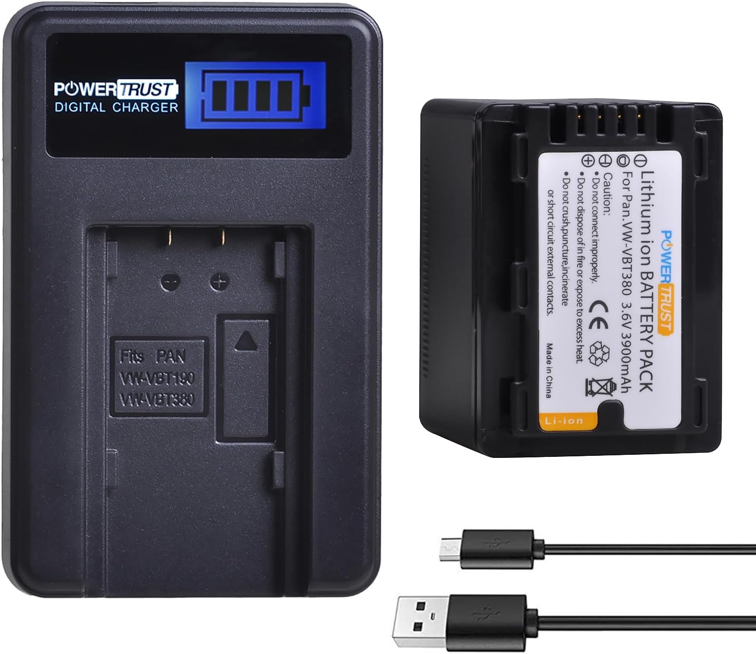 1Pack VW-VBT380 VW-VBT190 Battery + LCD USB Charger for Panasonic HC-V210, HC-V250, HC-V380, HC-V510, HC-V520, HC-V550, HC-V710, HC-V720, HC-V750, HC-V770, HC-VX870, HC-VX981k, HC-WXF991K