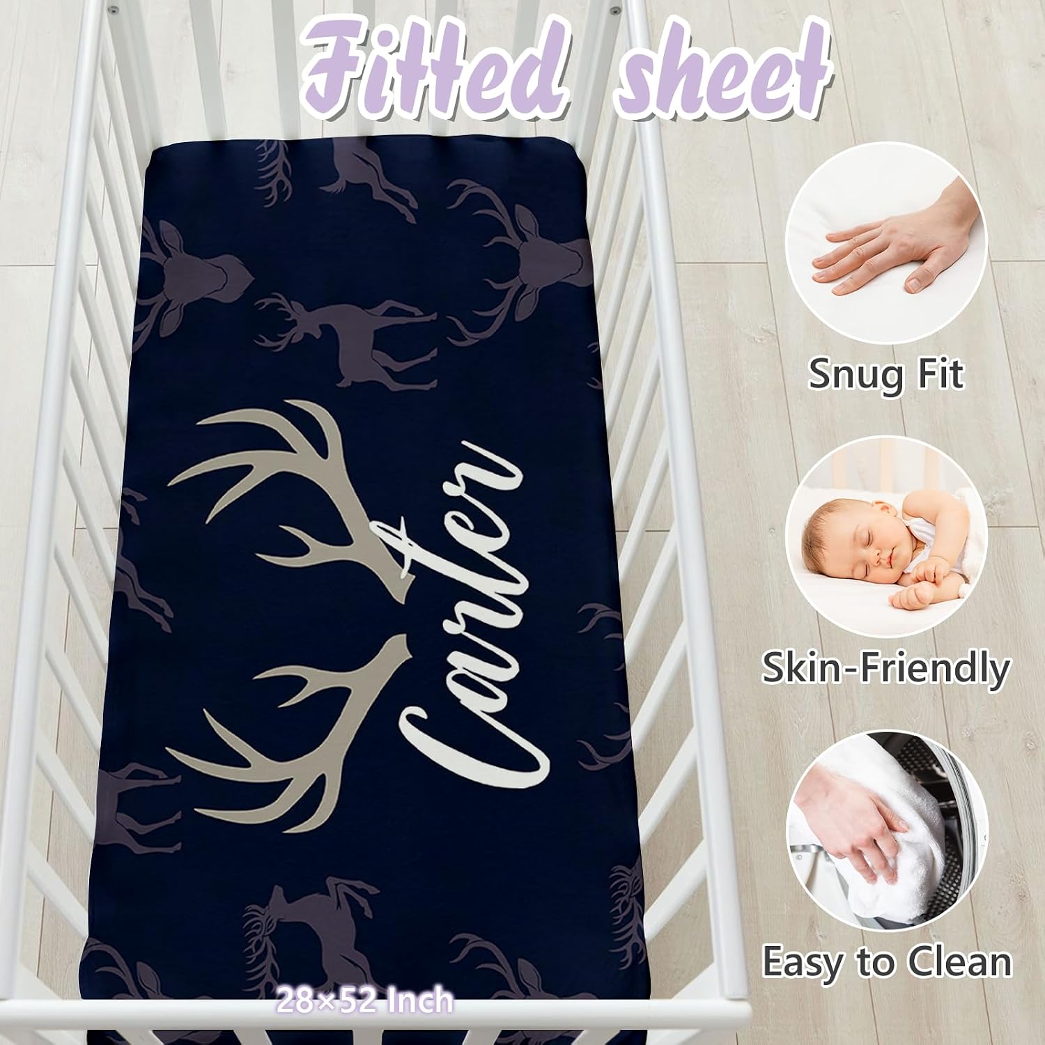 Custom Baby Girl Crib Bedding Set 3 Pcs, Mini Navy Woodland Crib Bedding Set for Boys, Ultra Soft Double Layer Blanket & Girl Crib Sheets, Personalized Gift for Newborn Infant Toddler Nursery