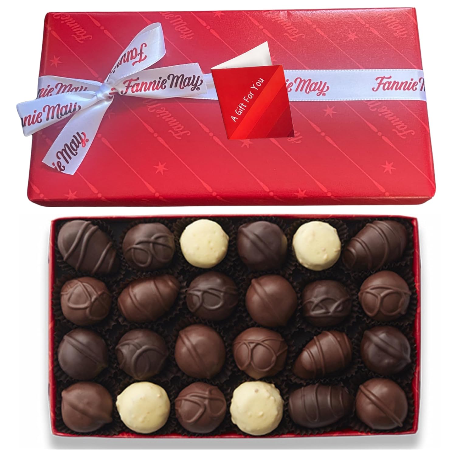 Fannie May Milk and Dark Chocolate Assorted Creams, Signature Wrapped 1 lb. Box - Gift Basket with Gift Tag & Insulated Shipper