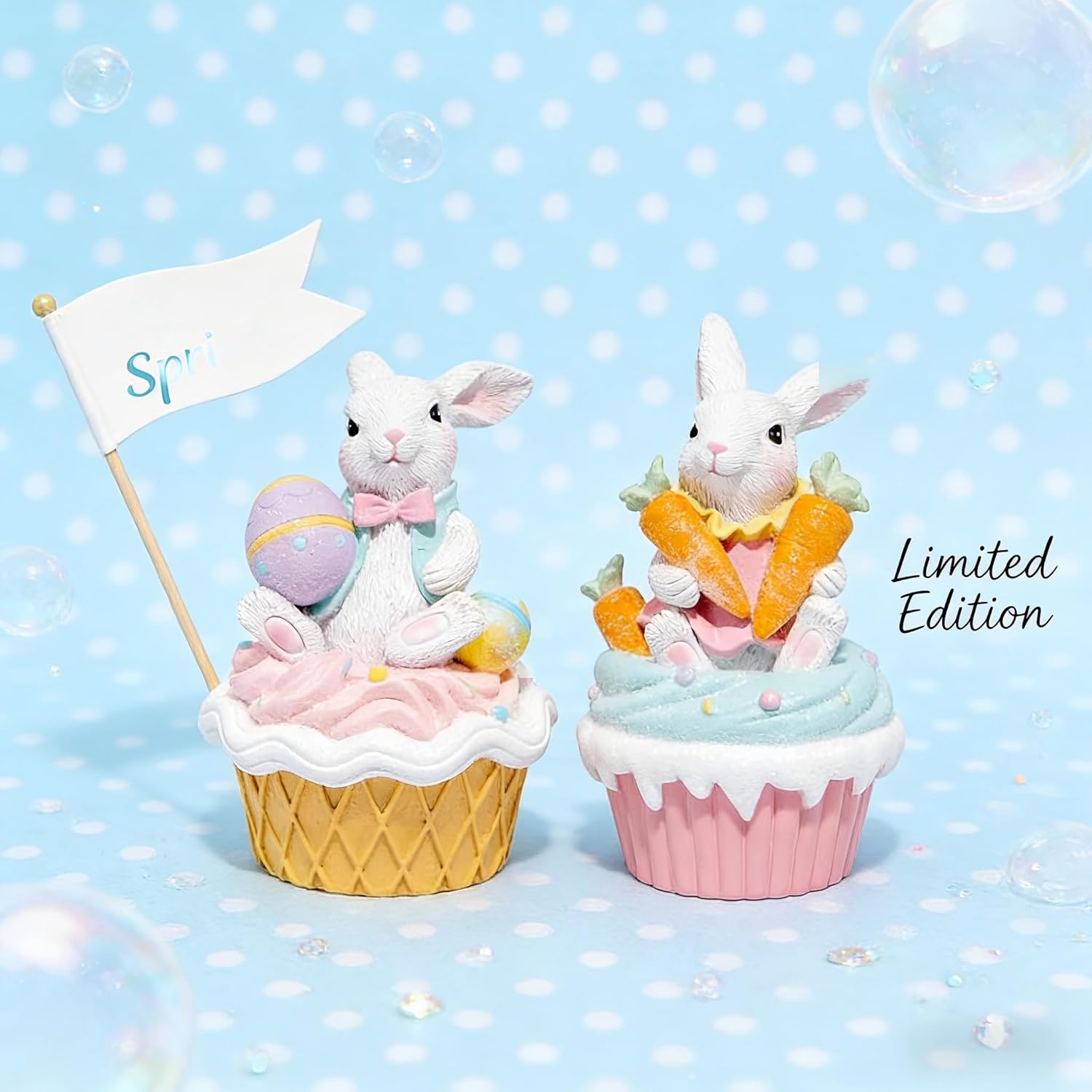Hodao Easter Bunny Cupcake Figurines – Resin Bunny Easter Decorations with Carrots and Eggs – Cute Spring Tabletop Decor for Easter Celebration, Home, Office, Gifts (Set of 2 Cake White) - Image 3