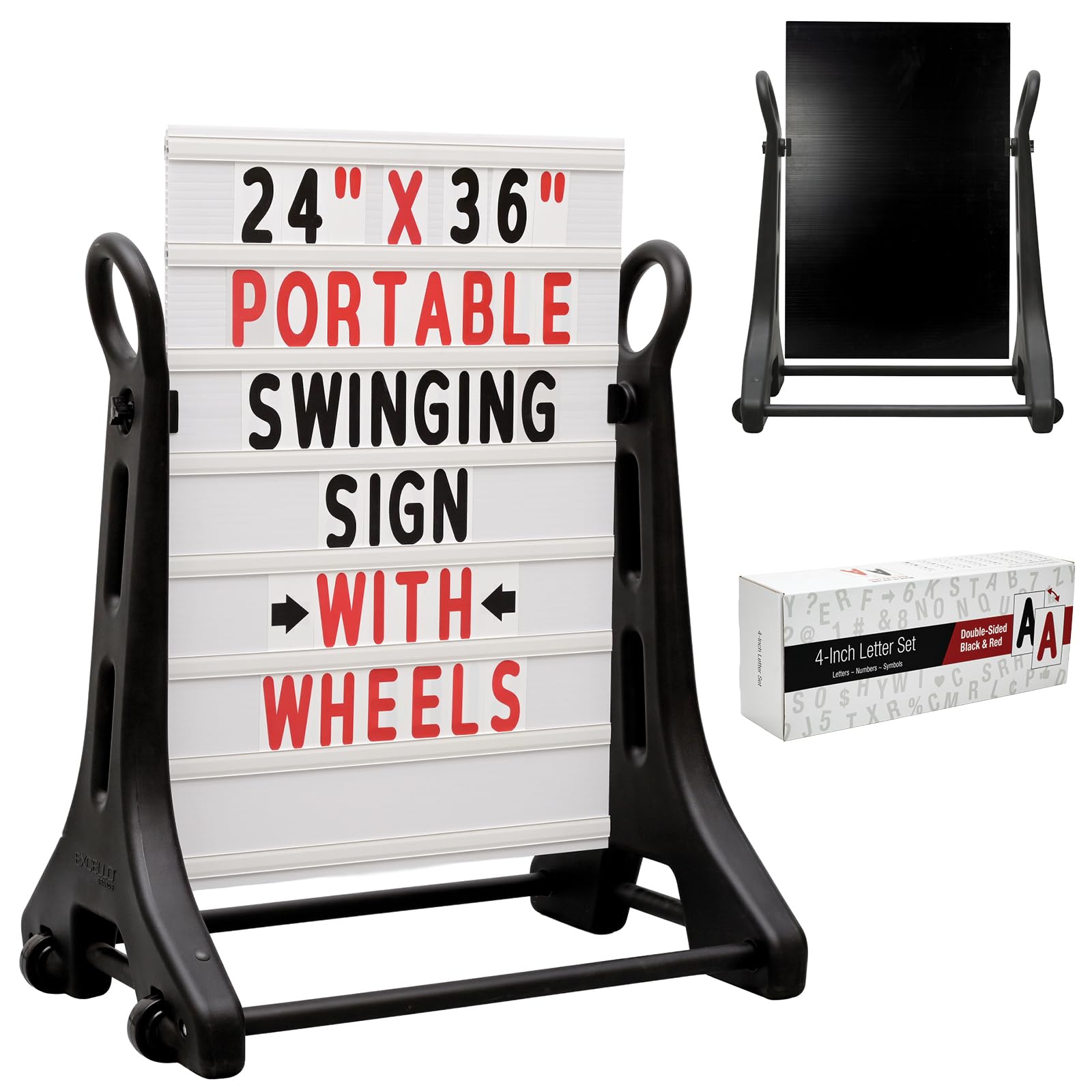 24 x 36 Inch Rolling Swinging Changeable Message Sidewalk Sign, Black, Plastic Storefront Display Sign, Outdoor Business Advertising Board