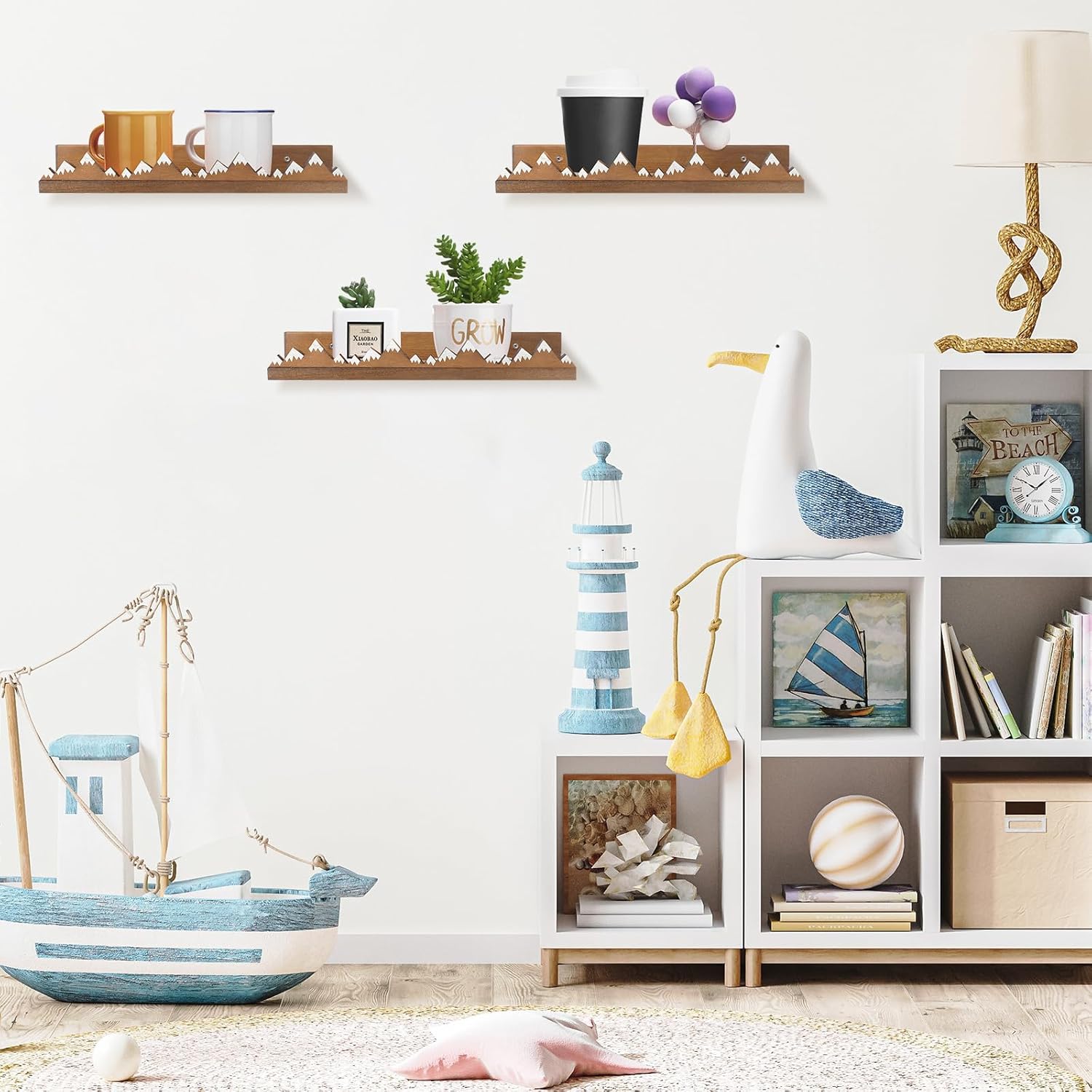 Wenqik 3 Pcs Snow Mountain Floating Shelves Wood Nursery Book Shelves Wall Mounted Rustic Floating Ledge for Kids Room(Dark Brown)