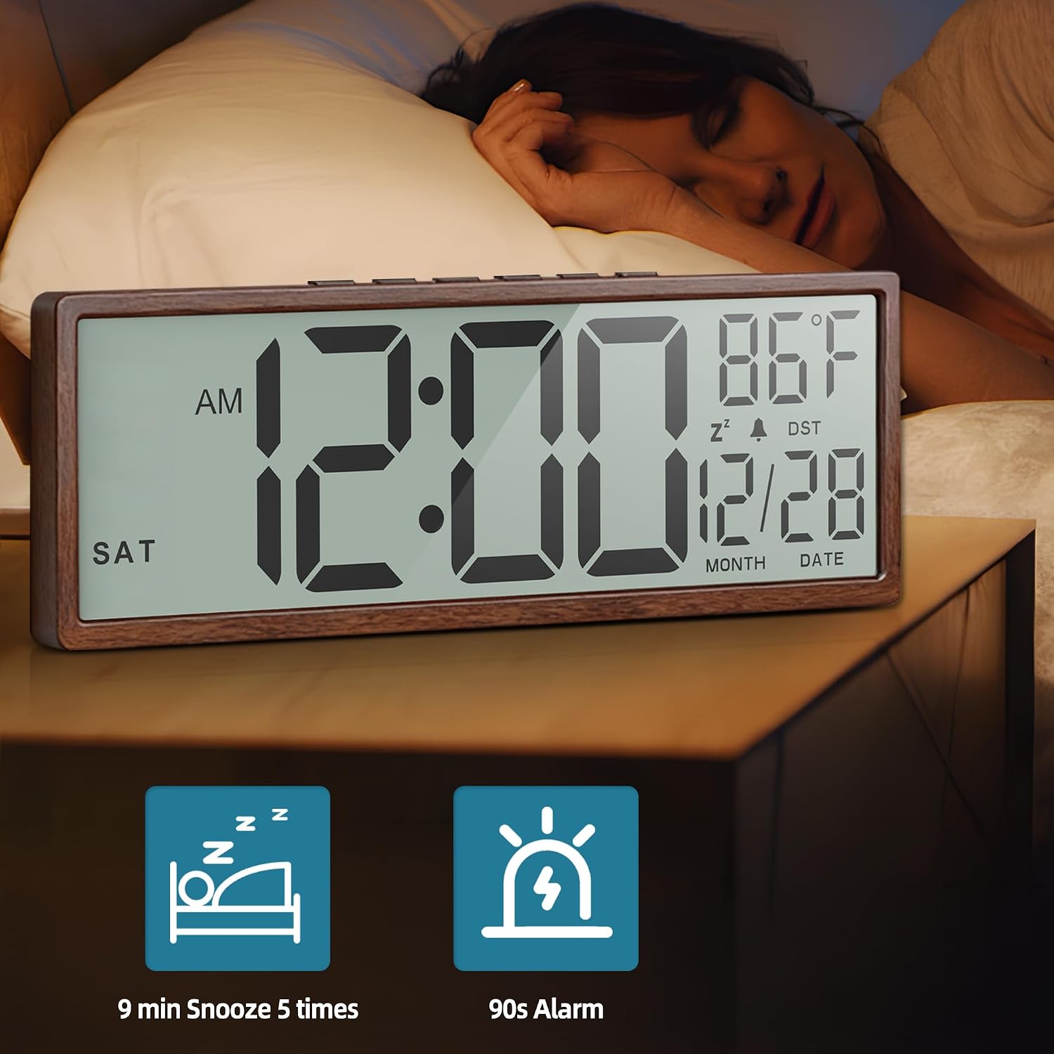15 Large Digital Wall Clock Battery Operated Wood, Clock with Large Display Numbers, Calendar, Auto DST, Clocks for Living Room, Kitchen, Office, Bedroom