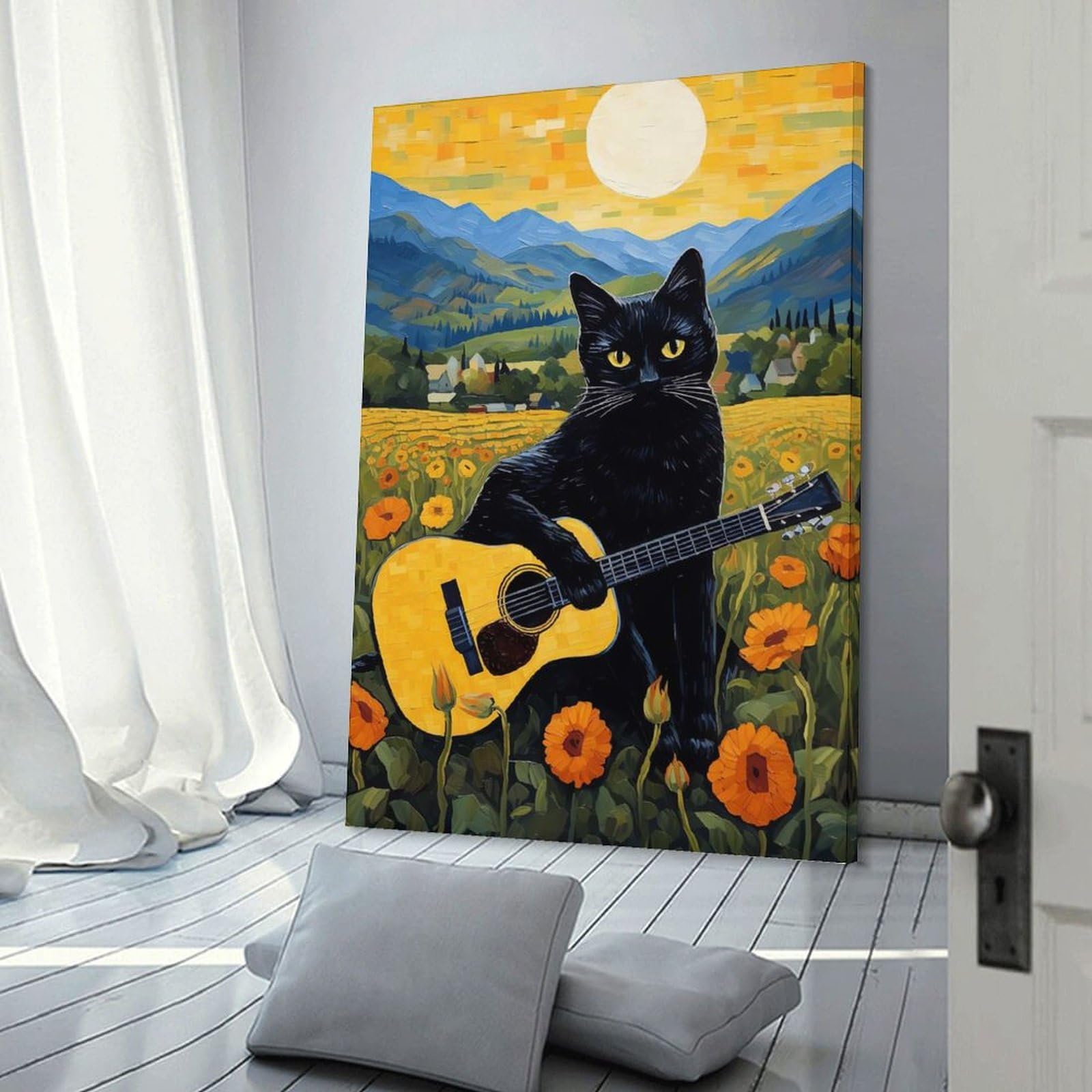 Junmoney Black Cat Play Guitar Wall Picture Print 12x18inch(30x45cm), for Home Office, Desk Area Or Studio, Home Office Artwork with Decorative Appeal