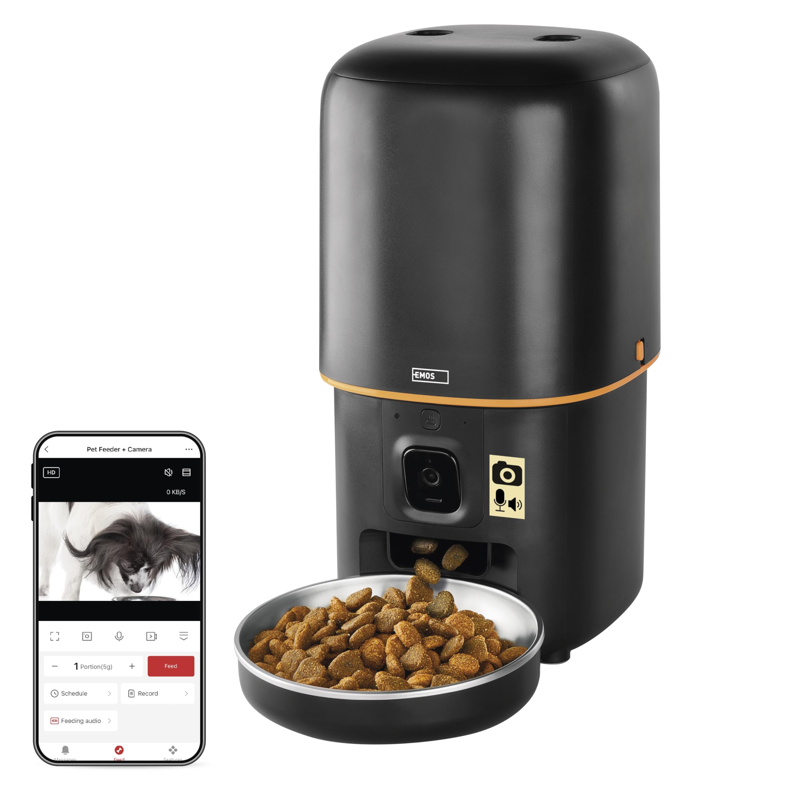 EMOS - GoSmart Mangiatoia automatica da 4 l con fotocamera - Distributore di cibo WLAN Pet Care con app - Cibo secco per gatto e cane con programmazione, registrazione vocale, dosaggio da 1 a 12 pasti