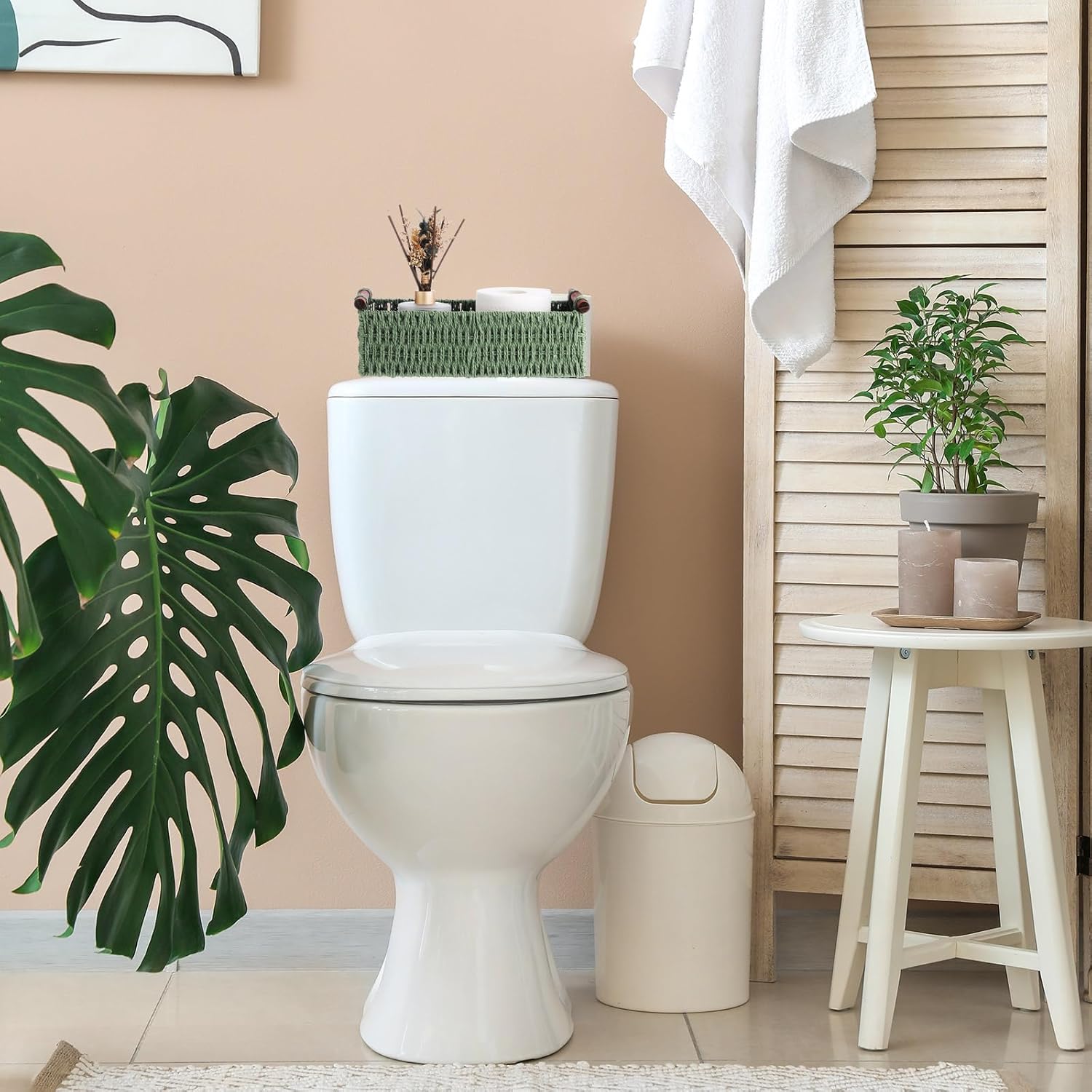 Boao 3 Pcs Boho Storage Wicker Baskets Handmade Woven Decorative Paper Rope Baskets for Organizing with Handle Countertop Toilet Paper Storage Container for Toilet Tank Top