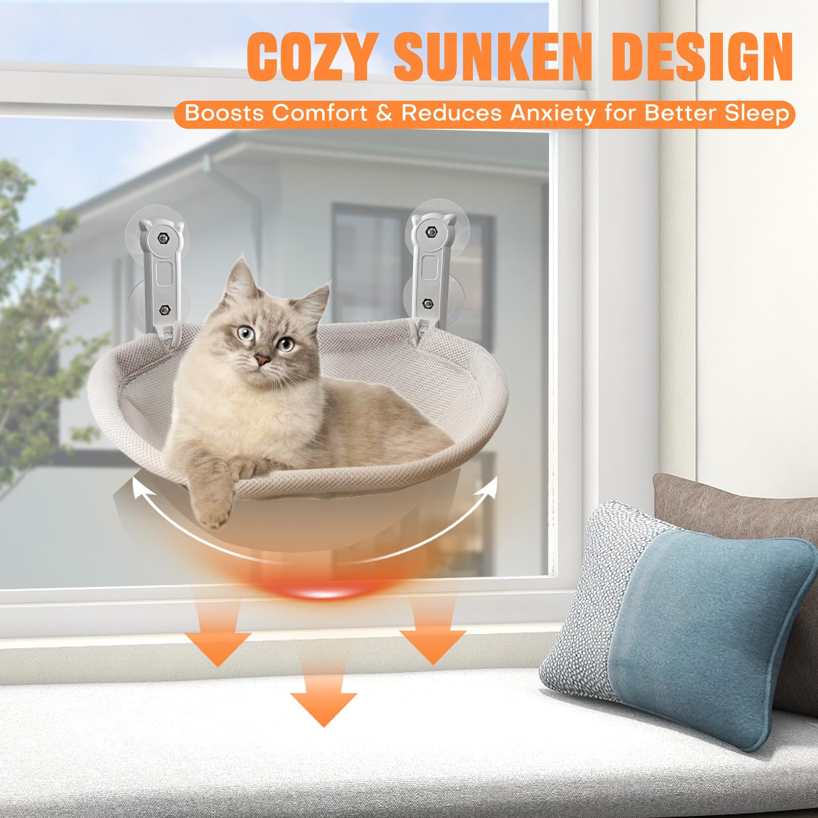 Homegroove Katzenfenster-Sitzplatz, 45 x 30 Zentimeter Faltbare Katzenhängematte für Fenster mit stabilem Metallrahmen (Grau, 45 x 30 cm)