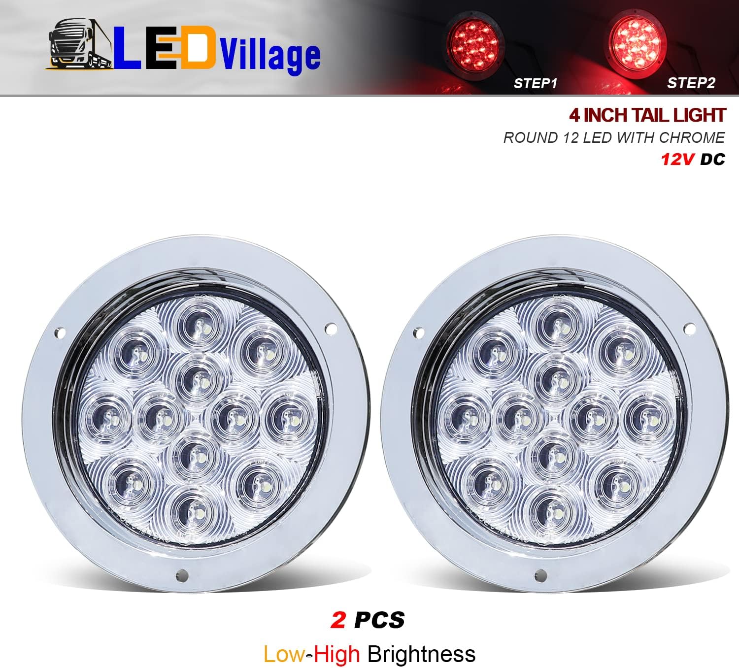 4 Inch Clear Lens Red LED Round Trailer Brake Stop Tail Lights Bright F3 Piranha for Truck Bus Tow Caravan Van Cabin RV 12V DC w/Chrome Bezel GAC12 (2 Pcs)