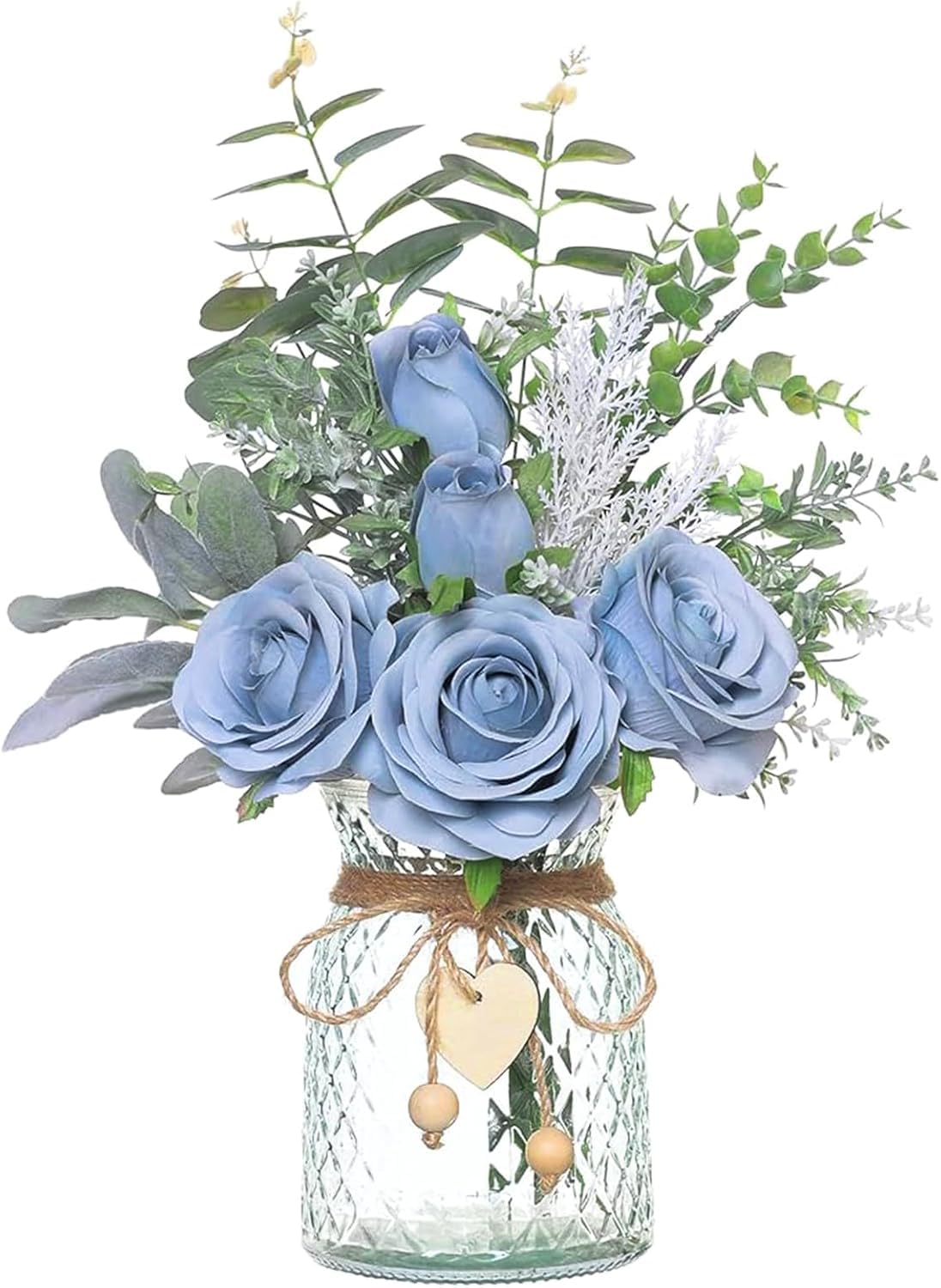 Faux Flowers with Vase Artificial Blue Rose Flowers in Vase Fake Eucalyptus Plant Floral Arrangement for Table Centerpieces, Baby Shower, Home Kitchen Office Coffee Shop Decorations (Blue) — image 1
