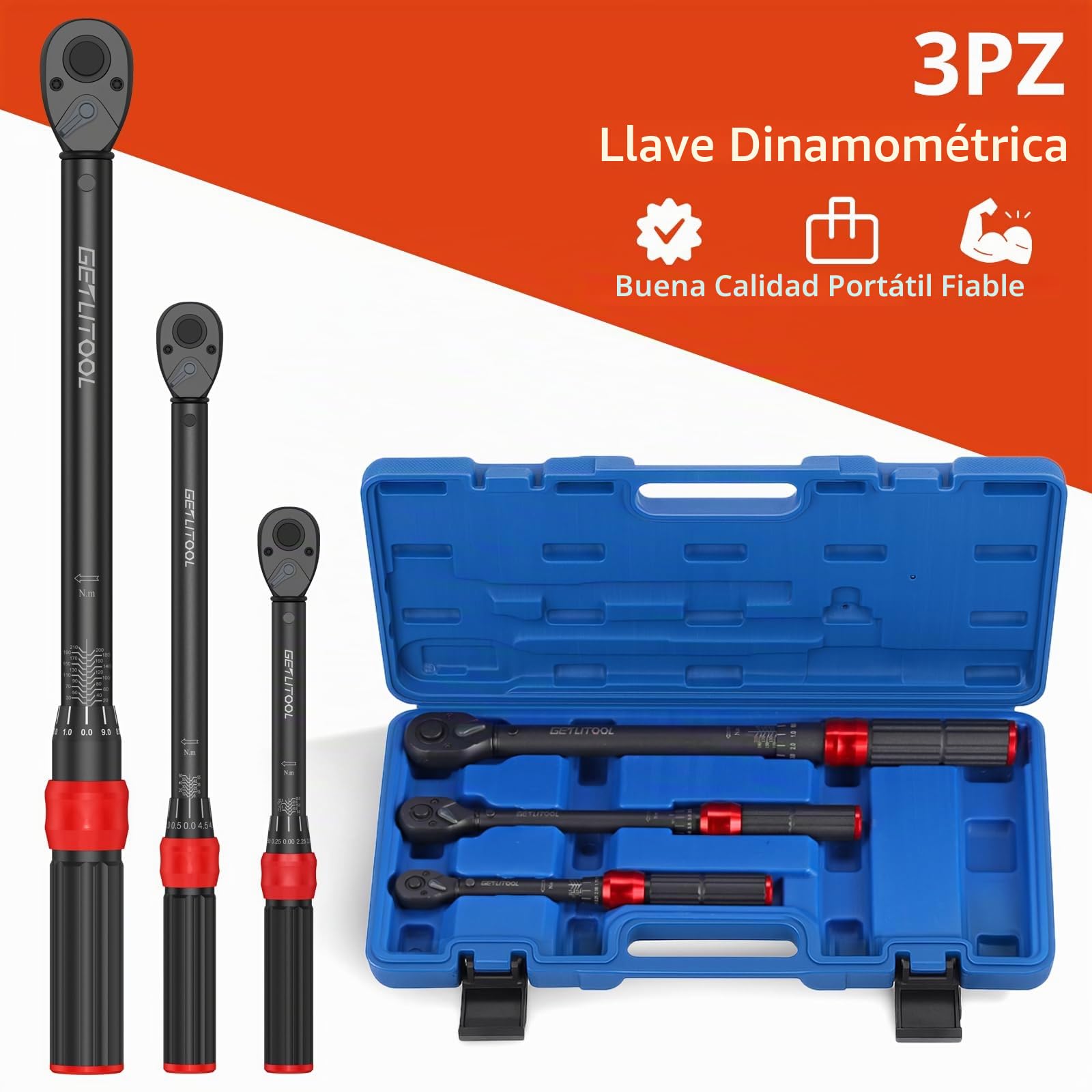 GETLITOOL Juego de Llaves Dinamométricas 1/4" 3/8" 1/2", de Acero al Cromo-molibdeno con Trinquete Reversible de 72 Dientes, 5-25 Nm, 10-60 Nm y 20-210 Nm