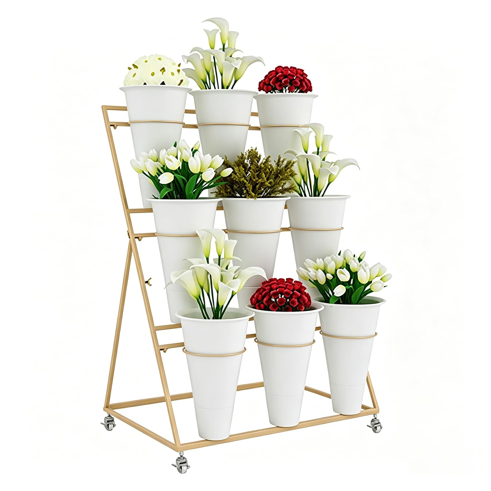 3 Tier Wrought Iron Plant Cart Wheels, Mobile Flower Display With 9 Pots