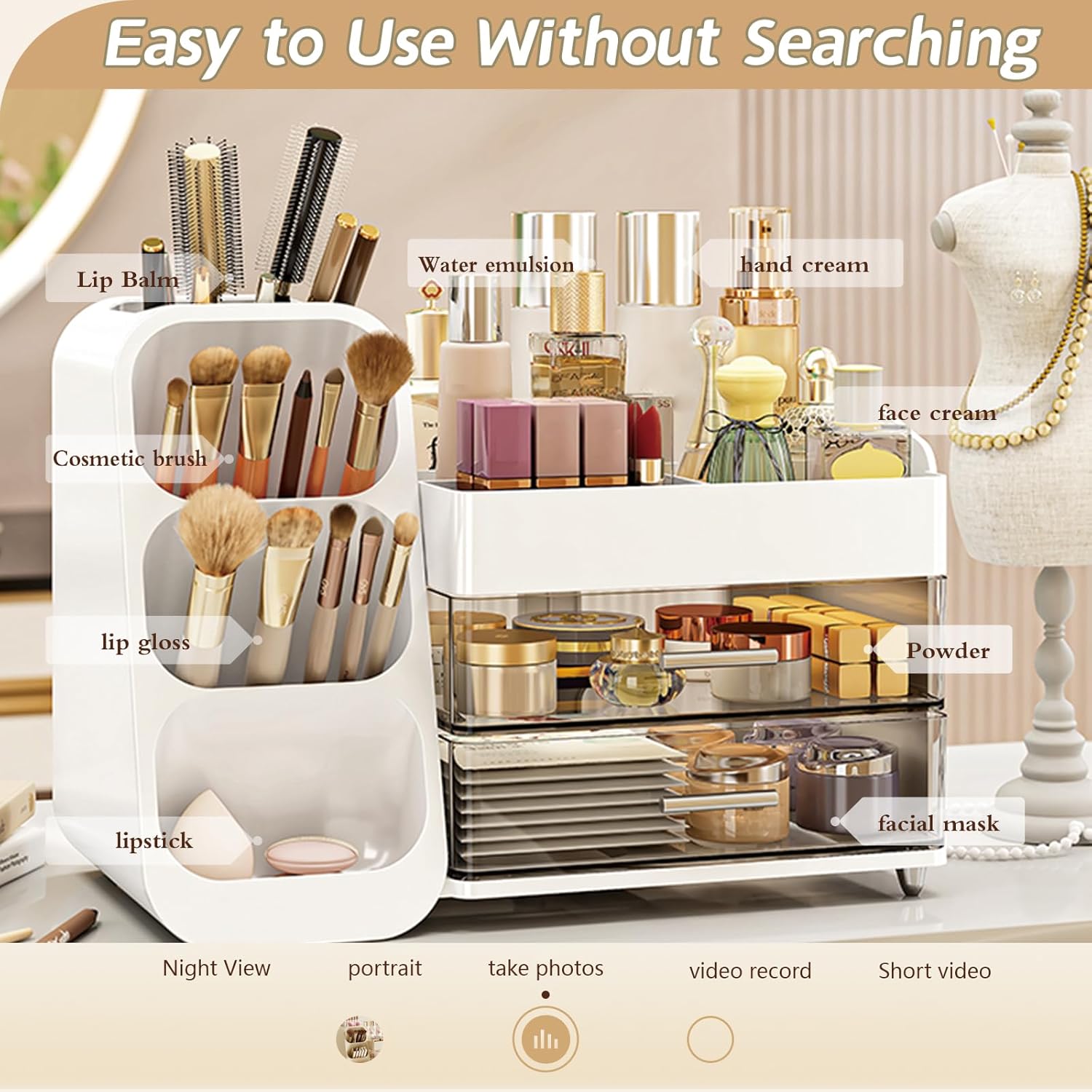 Makeup Organizer with Drawers, Large Capacity Cosmetics Display Case, stationery storage box, bathroom beauty storage suitable for your beauty essentials (white)