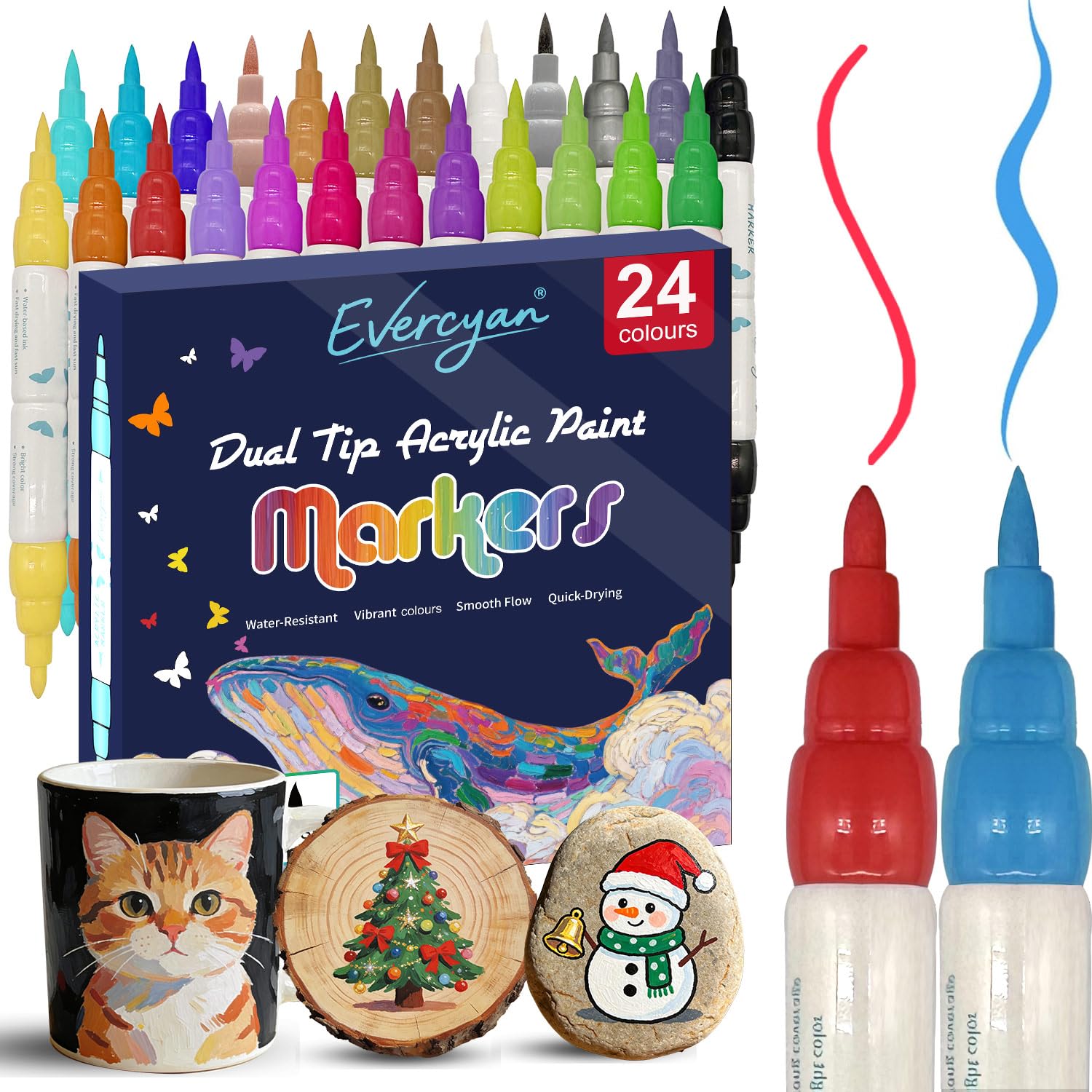 Evercyan 24 Colour Acrylic Paint Markers Set - Dual Tip Fine & Brush Pens, Vibrant Quick-Dry Water-Resistant, Colouring Pens for Adults, Artist-Quality Acrylic Markers for Canvas, Fabric & DIY Art