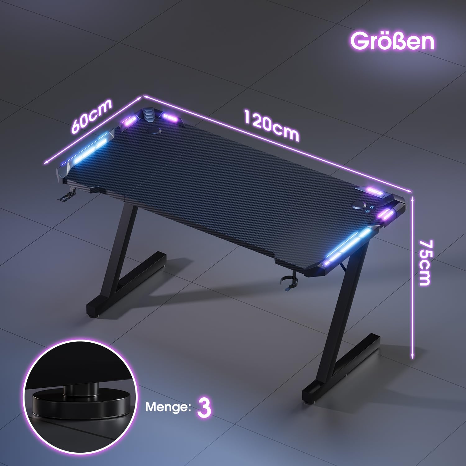 Devoko 120 x 60 cm Gaming Tisch, Gaming Schreibtisch mit LED, Kohlefaser-Oberfläche, Ergonomic Gamer Tisch with Drink Holder, Headphone Hook, Stabiler Computertisch
