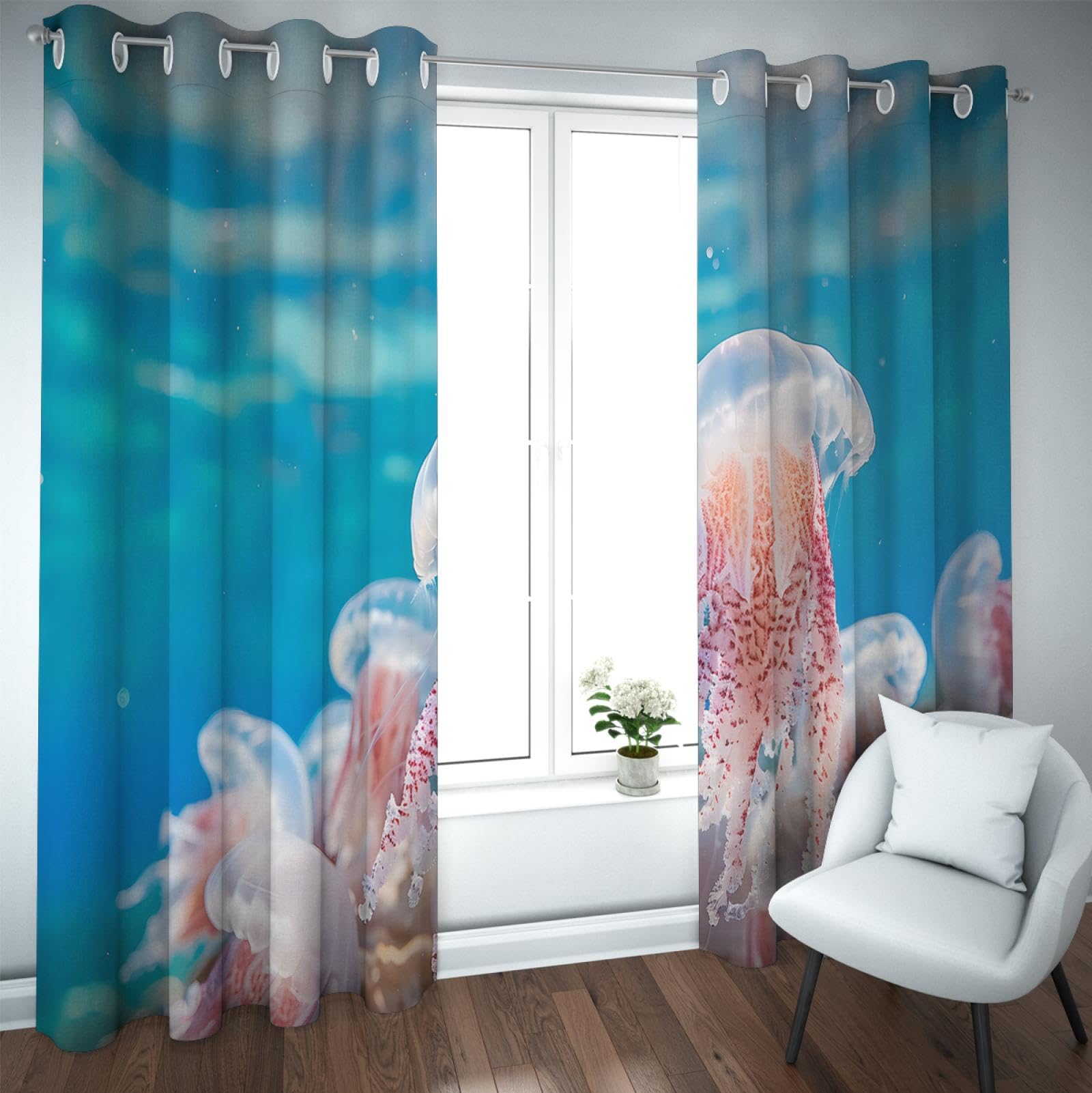 Blue Ocean Window Drapes Sea Life Jellyfish Pattern Decorative Blackout Curtains for Kids Teens Underwater Window Treatments 2 Panels H290xB140