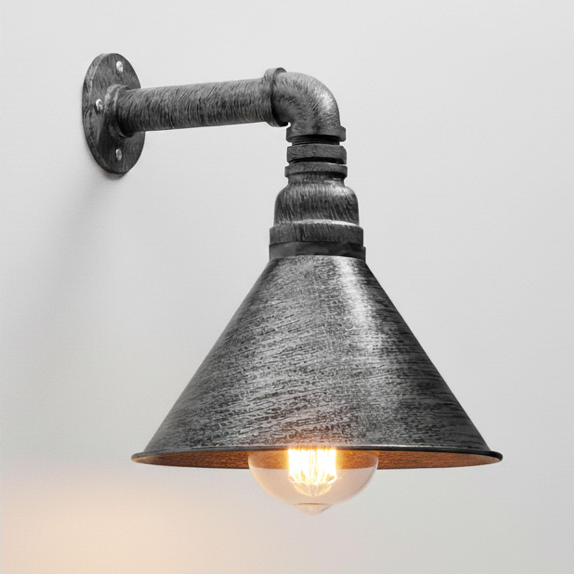 LEDSone Industrial Vintage Water Pipe Wall Light Conical Metal Brushed Silver Lampshade E27 Socket Steampunk Wall Sconces Ideal for Farmhouse, Bedroom Decoration Fixtures