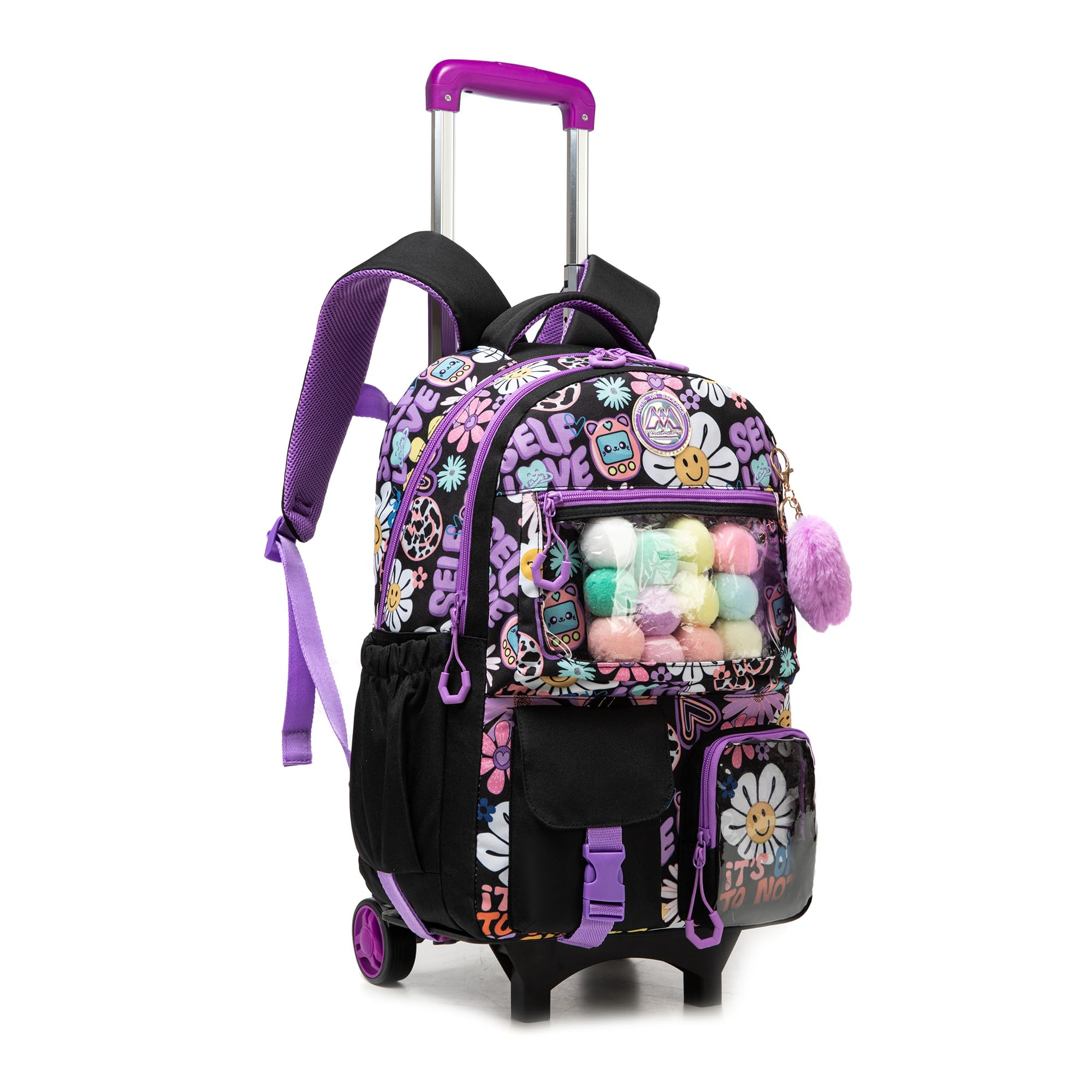 Meetbelify Backpack with Wheels for Girls Rolling Backpack Cute Carry on Backpack for Elementary Student