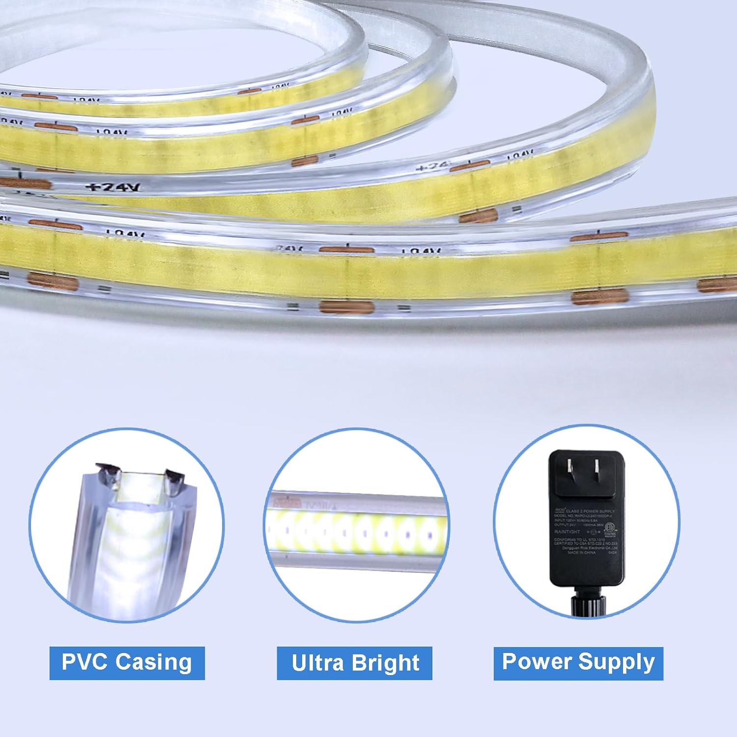 32.8Ft COB LED Strip Lights Outdoor Waterproof, 3200 LED Strip Light PVC Casing Tape Light Flexible with Self-Adhesive Timer Dimmable for House Garden Camping DIY Lighting (Warm White)