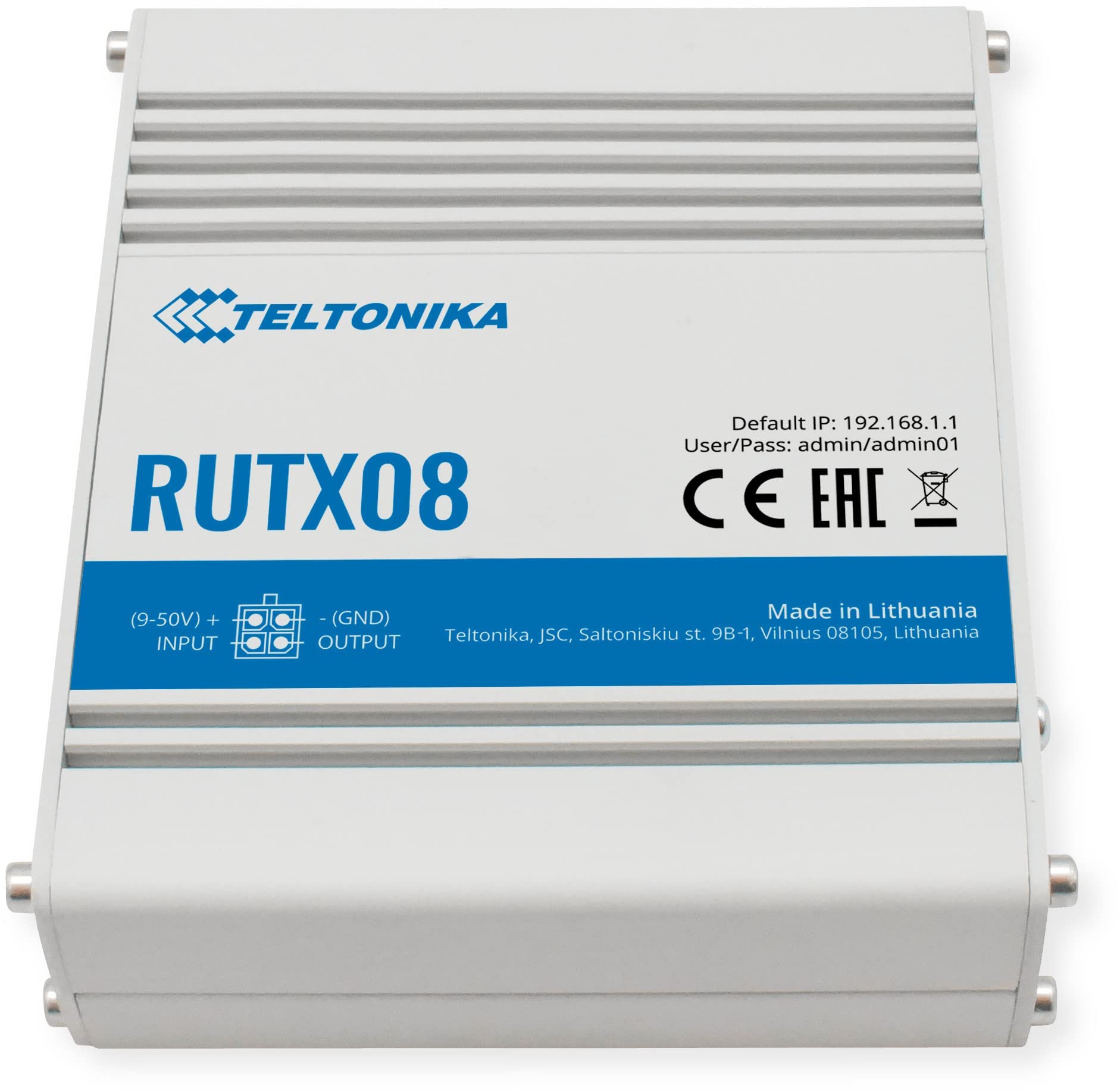 Teltonika RUTX08000300 Industrial Ethernet Router, 4 x Gigabit Ethernet Ports with up to 128 Port/Tag-Based VLANs Supported, UK PSU, Digital Input/Output, Static/Dynamic Routing, Aluminum Housing