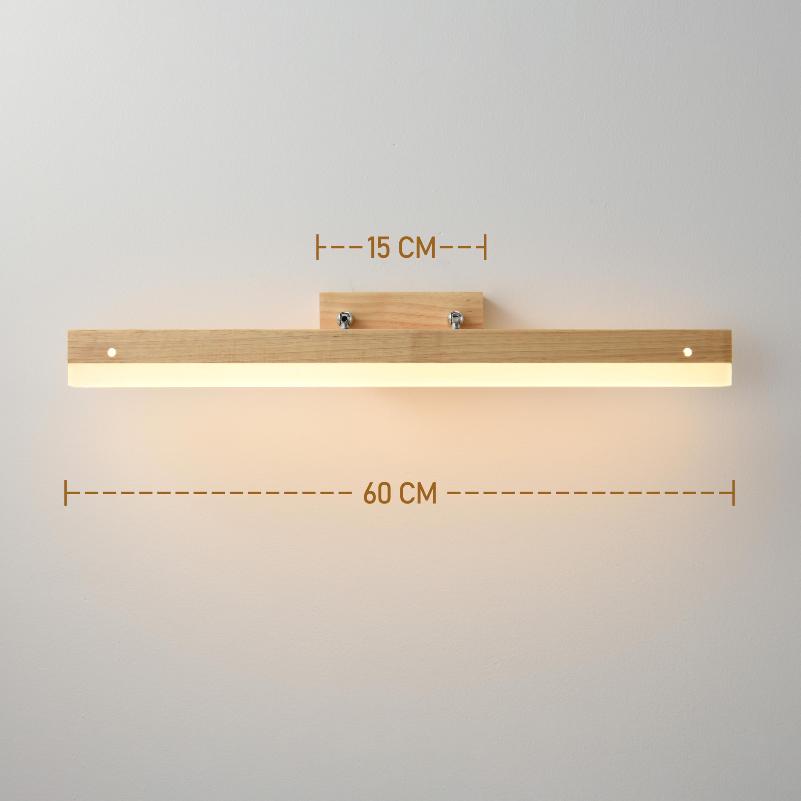 Aplique espejo baño 60cm 9W 720LM, luz espejo baño led Rotación de 180° Luz blanca cálida de 3000 K IP44 Impermeable, lampara espejo baño Aplique pared interior Madera (luz espejo baño)