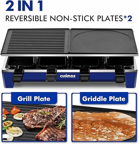 Miniatura 2 de CUSIMAX - Parrilla de mesa Raclette, parrilla de interior de 1500 W, parrilla coreana con 2 platos antiadherentes reversibles 2 en 1, raclette de