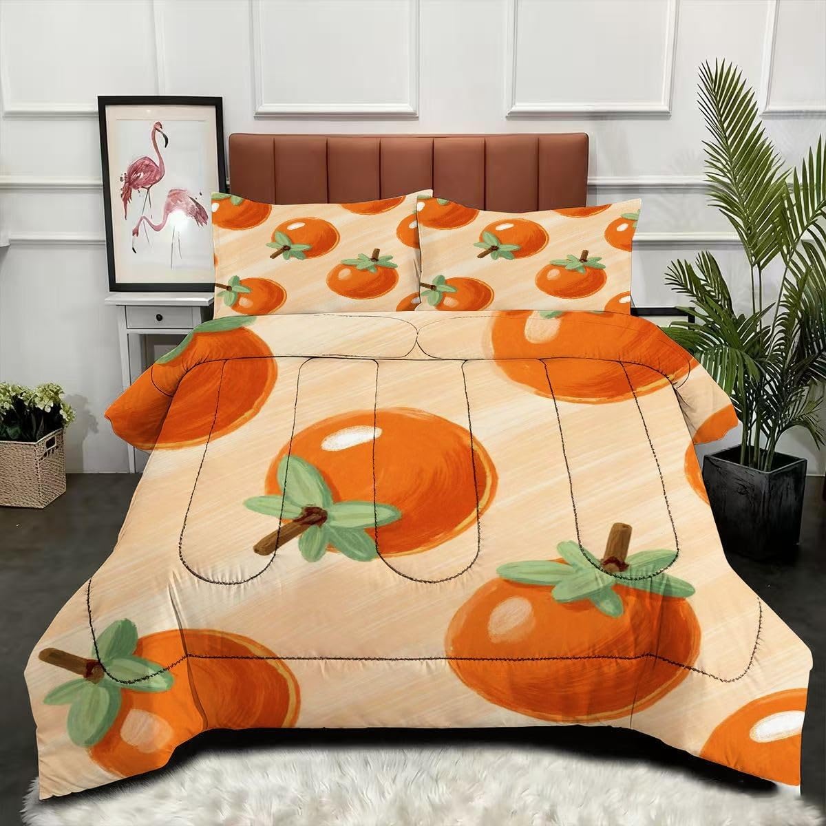 Couette 200x200 adulte design haut de gamme kaki et orange D129
