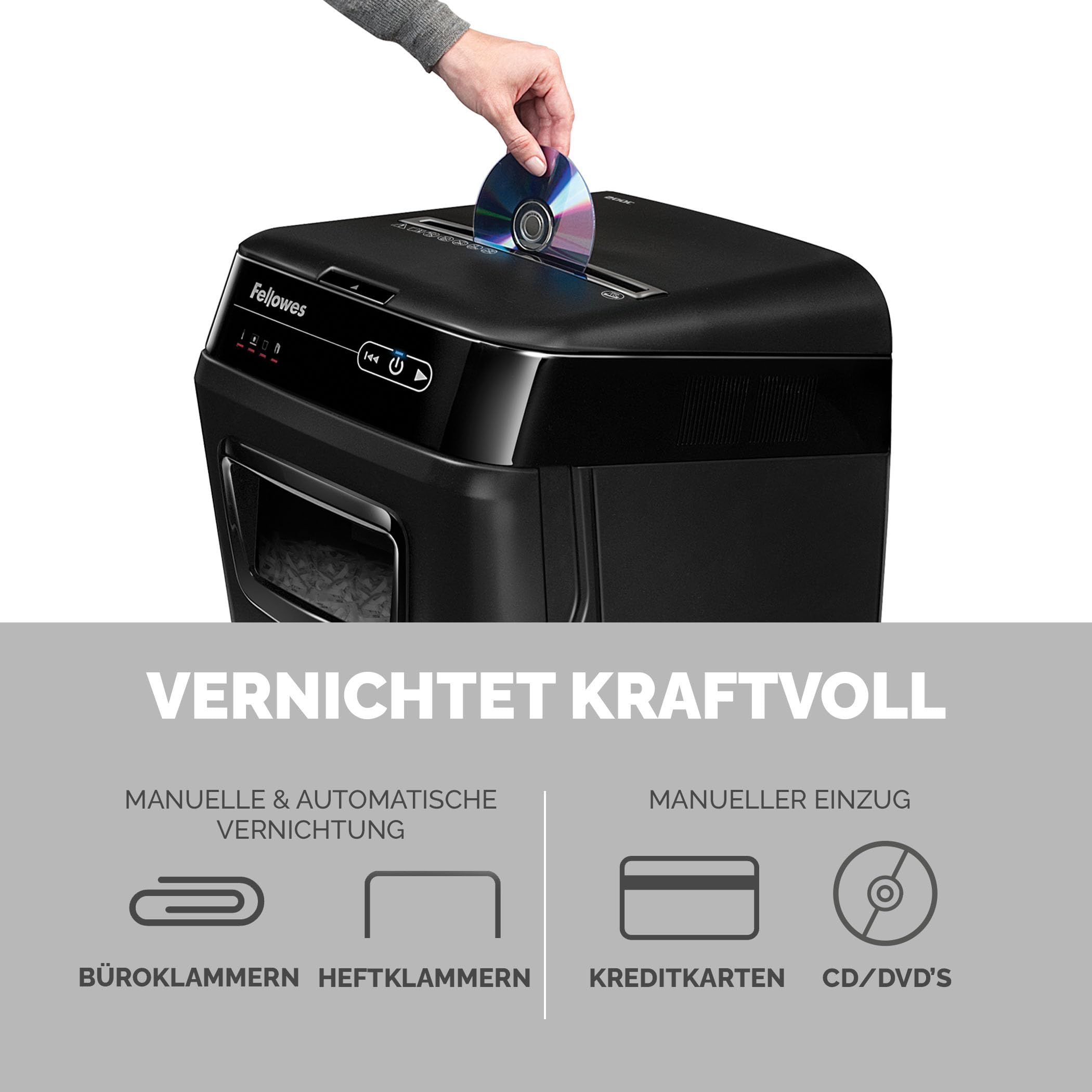 Fellowes Auto-Feed 150C Partikelschnitt Aktenvernichter (P-4), 150 Blatt, für 1-3 Nutzer im Büro oder Home Office mit SilentShred, geeignet zur Datenschutz-Grundverordnung (DSGVO 2018)