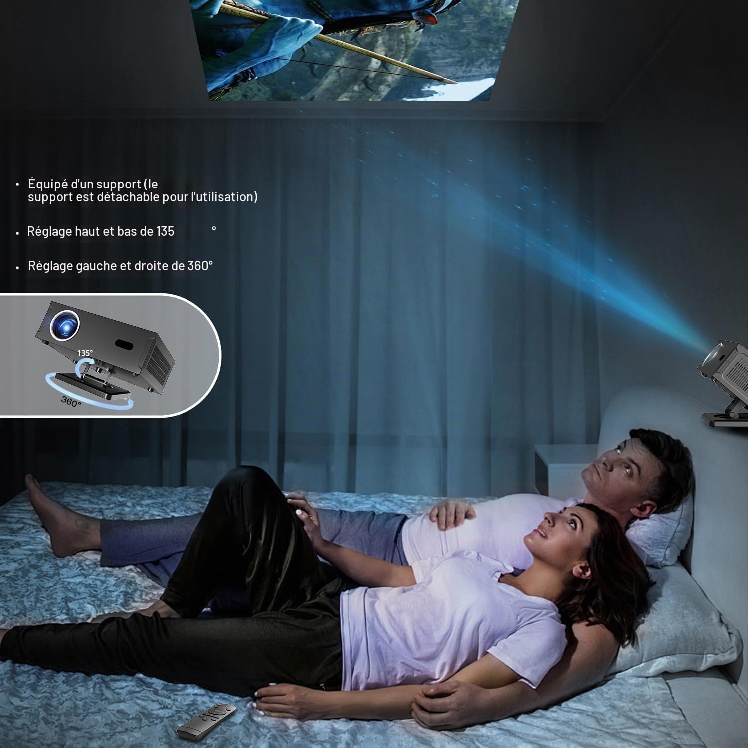 Videoprojecteur Intelligent Applications Intégrées Rétroprojecteur 1080P Natif Supporte 4K WiFi 6 Bluetooth 5.2 Trapézoïdale Automatique Focus Électronique pour Android iOS HDMI
