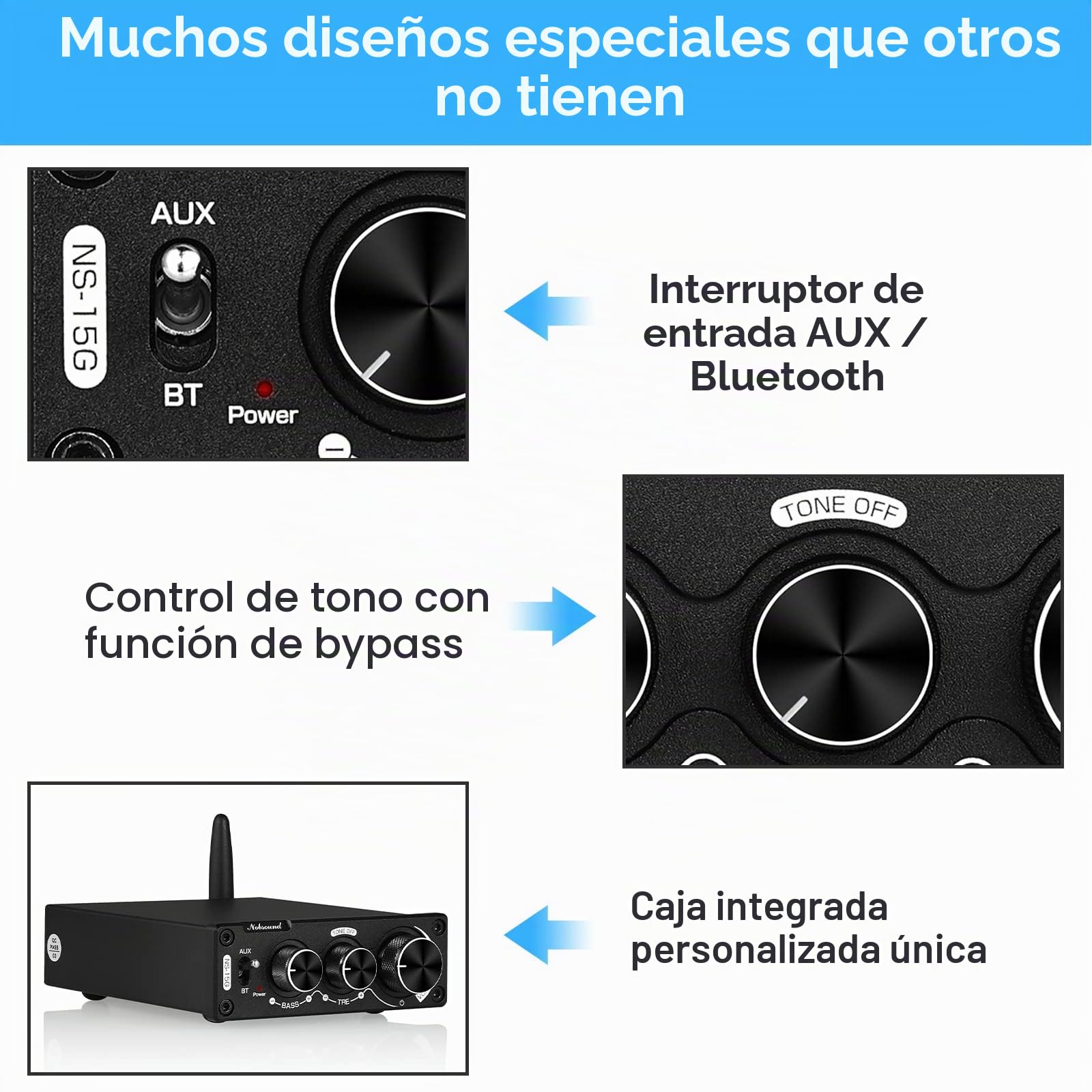 Nobsound Mini Amplificador Digital Bluetooth HiFi Estéreo 200W con ajustes de graves y agudos para altavoces domésticos
