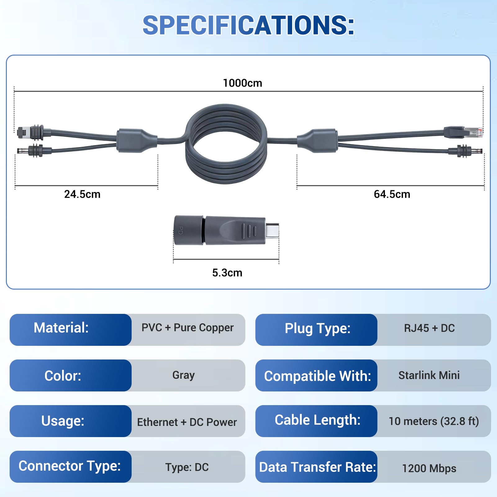 2 w 1 do Starlink Mini RJ45 kabel Ethernet 10 m, DC na DC, do łodzi