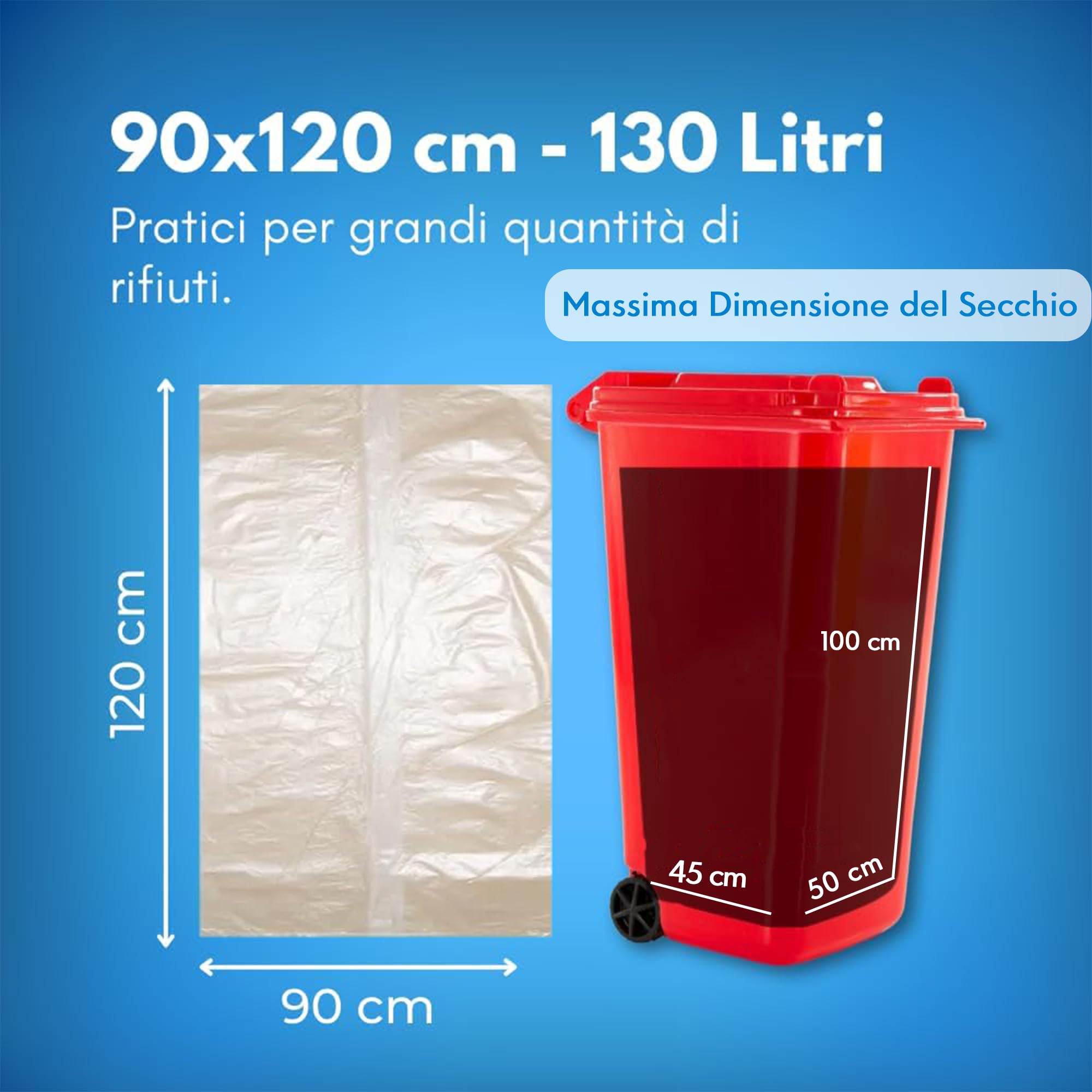 GM 80 Sacchi Ambra Trasparenti Grandi Resistenti misura 90x120 cm in Plastica HDPE, 130 litri, Sacchetti indifferenziata, Buste spazzatura, Bustoni immondizia condominiali, 8 Rotoli da 10 Buste