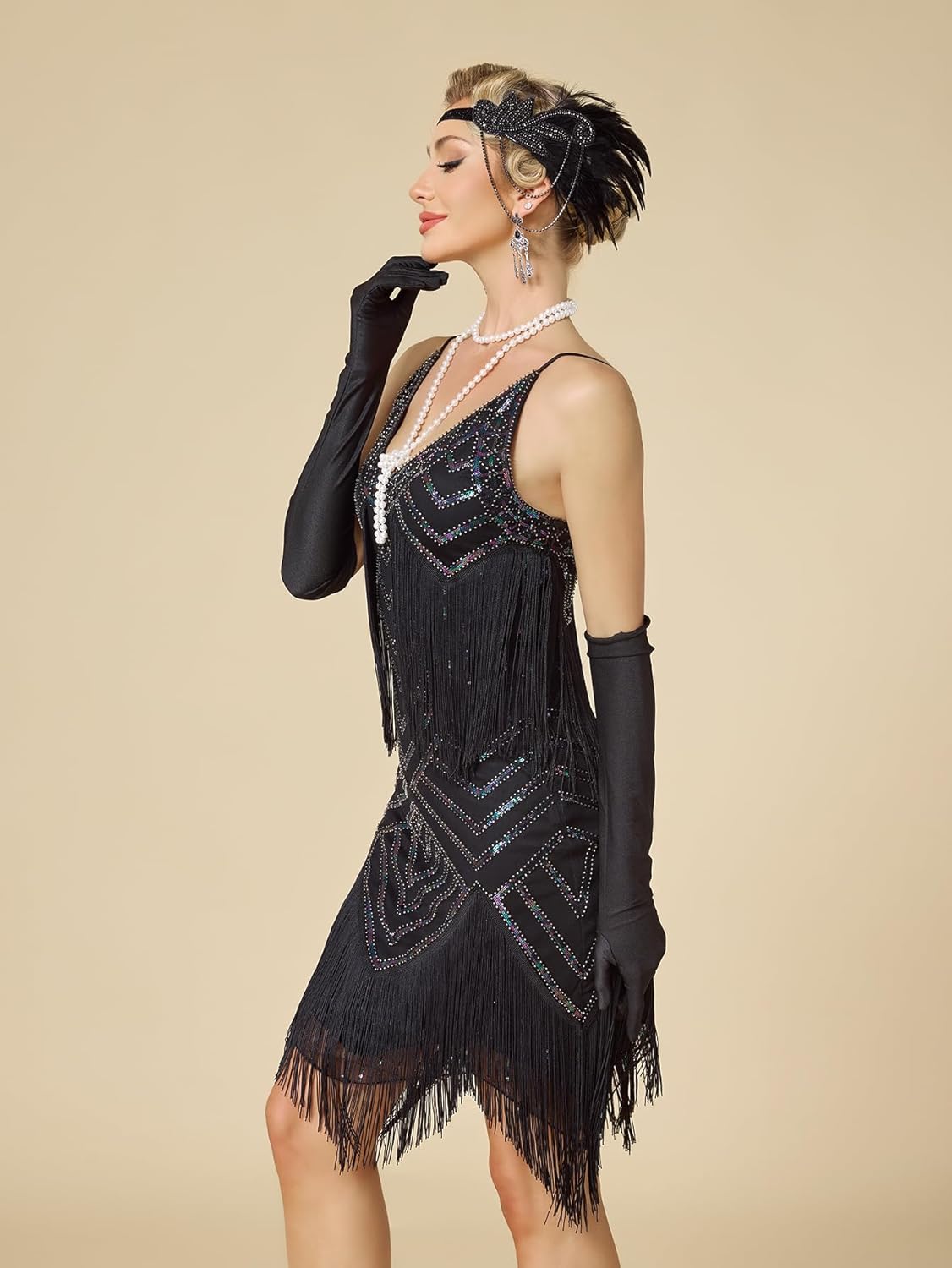 Womens 1920s Flapper Dress,V Neck Great Gatsby Fringe Cocktail Dress with 20s Accessories Set-Roaring 20s Costume