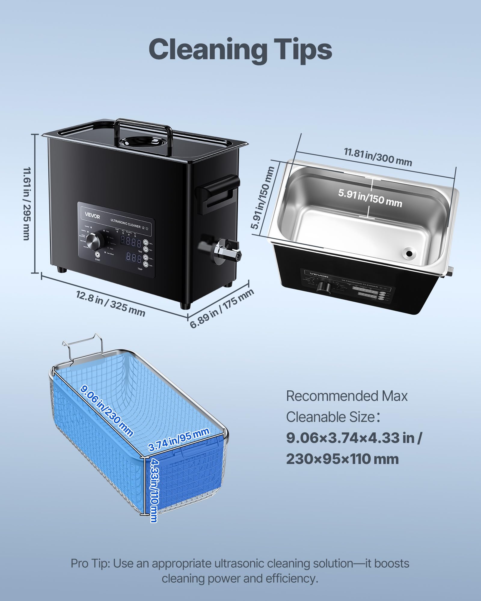 VEVOR Limpiador Ultrasónico 6 L, Máquina de Ultrasonido para Limpieza con Control de Perilla, de Acero Inoxidable, con Cesta y Bola de Limpieza para Relojes, Maquinillas de Afeitar, Joyas, Negro
